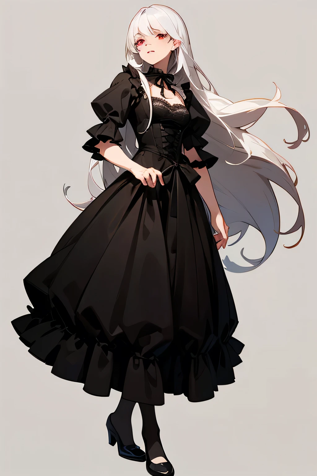 ((best quality)), ((masterpiece)), (detailed), perfect face. girl with long white hair and red eyes. she has a scar over one side of her face and wears a black Victorian dress with many ribbons, lace, and ruffles. full body. simple background