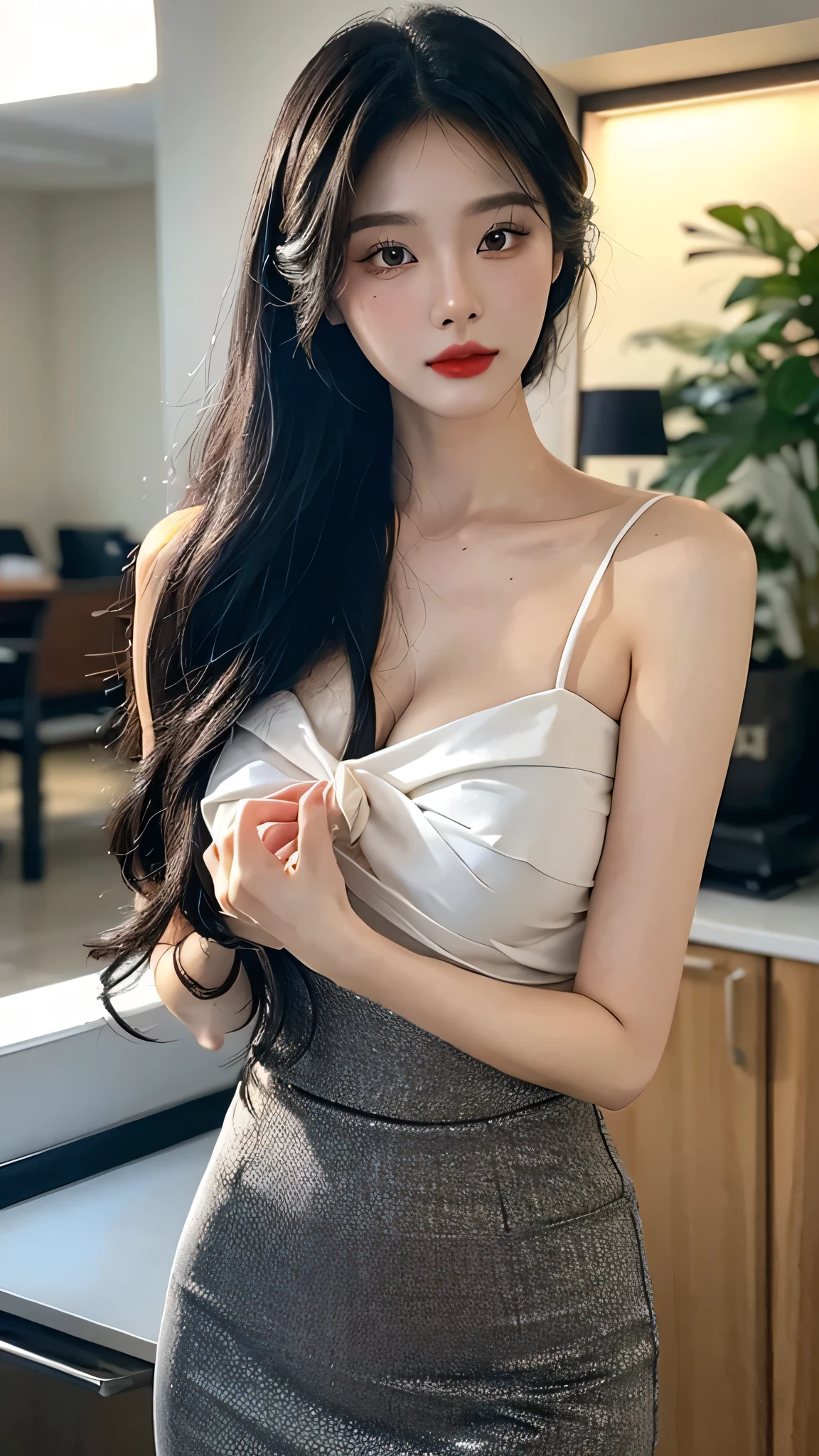 A perfect young female white-collar worker,Chinese,High picture quality,Works of masters,Black hair,Long hair flowing over the shoulders,Beach wave hairstyle,cropped shoulders,clavicle,exquisite face,Hydrated red lips,Real Human,CG rendering,16k,Stand up,Do not show your hands,Close-up shot