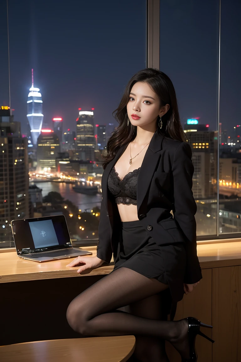 in the office，a young beautiful lady，Wear professional attire，gray blazer，Lace bandeau underwear，slit covered skirt。Bigger and wider hips，thin waist，The upper body rounder，full，Super in shape。Dressed up with jewelry，necklace，earrings，watch，High heel，black stockings。Painted with light makeup，beautiful eyeeautiful lips，very beautiful，Very temperamental。at desk，camel toe，Look at the file，With computer and keyboard。Background modern city office buildings，Very modern，There a lot of space，Outside the window the night view of the city，Modern Shanghai city night view。8 p.m，City neon lights flashing。Professional lighting effectovie shot，intricate details，The best resolution，masterpiece。Complete fingers，intricate details
