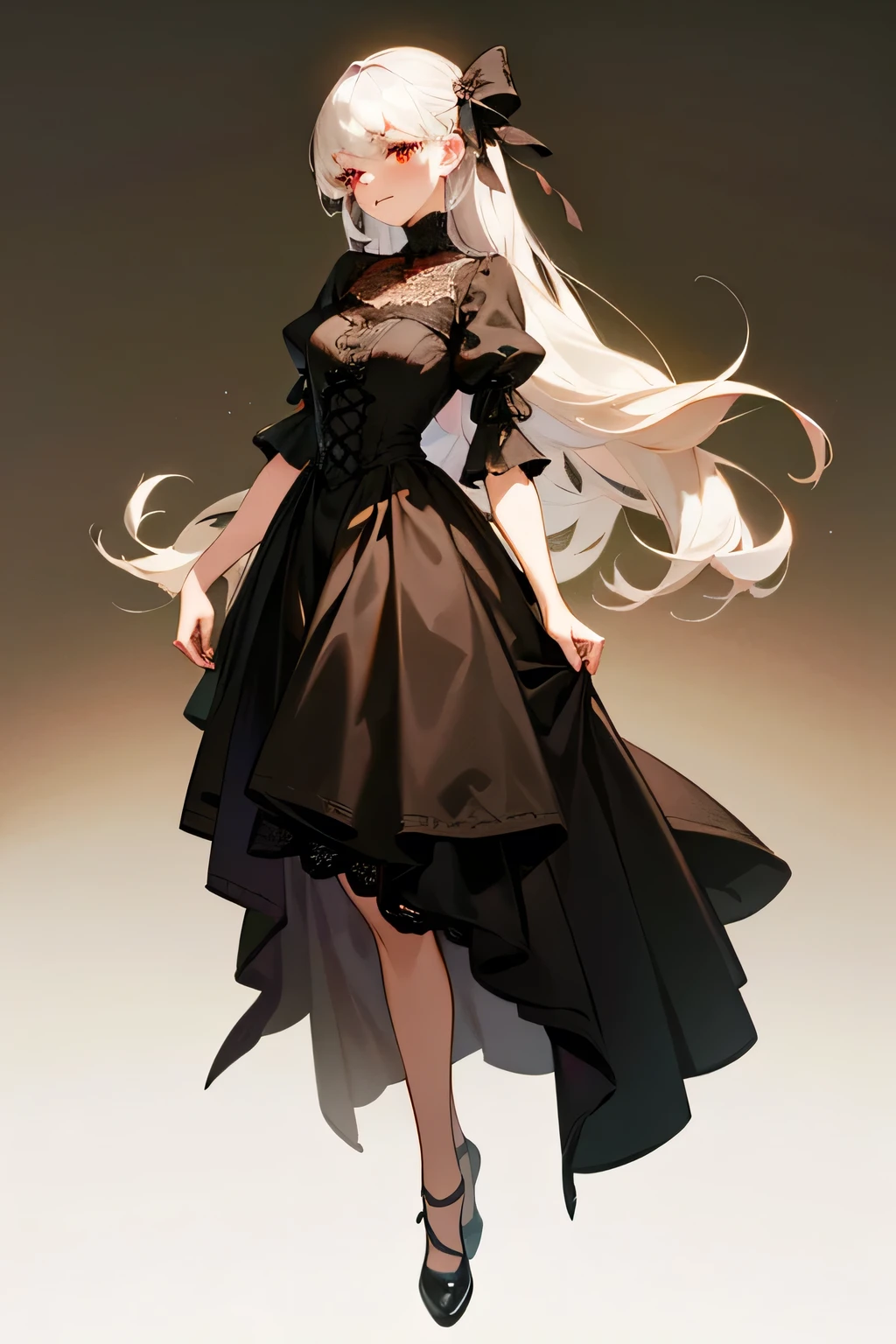 ((best quality)), ((masterpiece)), (detailed), perfect face. girl with long white hair and red eyes. she has a scar over one side of her face and wears a black Victorian dress with many ribbons, lace, and ruffles. full body.