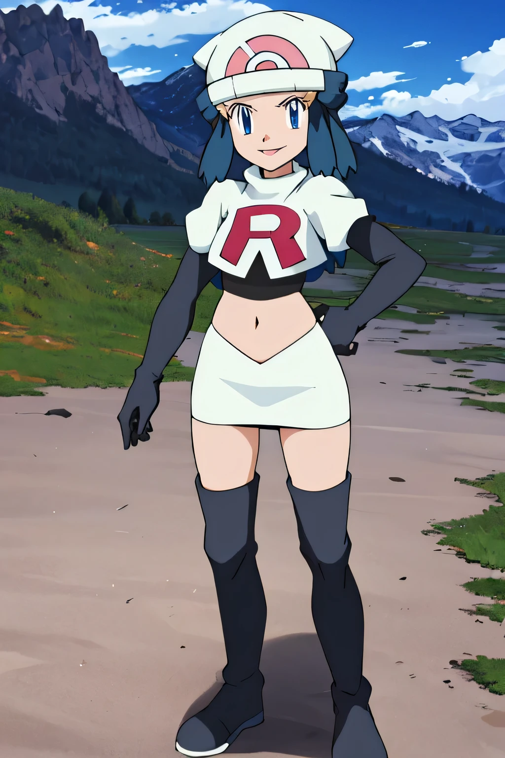 masterpiece, best quality, highres, outdoors, 1girl, solo, dawn (pokemon), hat ,glossy lips ,team rocket uniform, red letter R, white skirt,white crop top,black thigh-high boots, black elbow gloves, evil smile, looking at viewer, cowboy shot