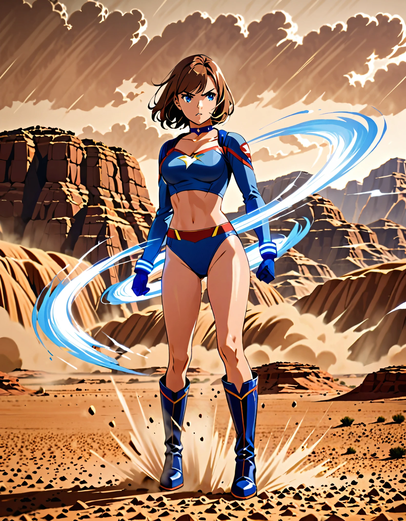 1girl, superhero, blue choker, blue eyes, blue footwear, blue gloves, boots, leotard, midriff, long sleeves, medium breasts, brown hair, knee boots, short hair, bob hair, solo, standing, determined, full body, desert backdrop, sandstorm, college-age female. raised arms. She spins at an incredible speed, creating a whirlwind of air around her. She rotates her body in place in super-speed, She spins fast in place like a tornado. Cyclone spinning. Rapid gyration. Tornado winds around her.