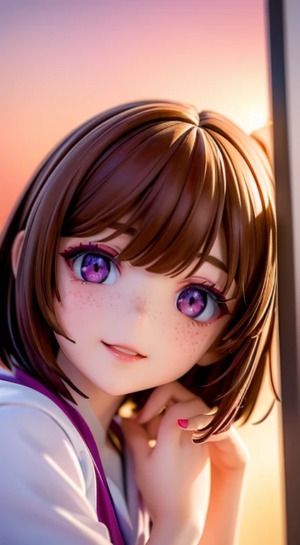 1 girl, 23 years old, south korean, idol, masterpiece, perfect face, soft skin, freckles under eyes, short whavy brown hair, bowlcut hair, shining bright purple eyes, red eyeliners, red lips, big smile, closed mouth, natural makeup, soft lighting, bright colors, sunset background, face focus, face closeup.