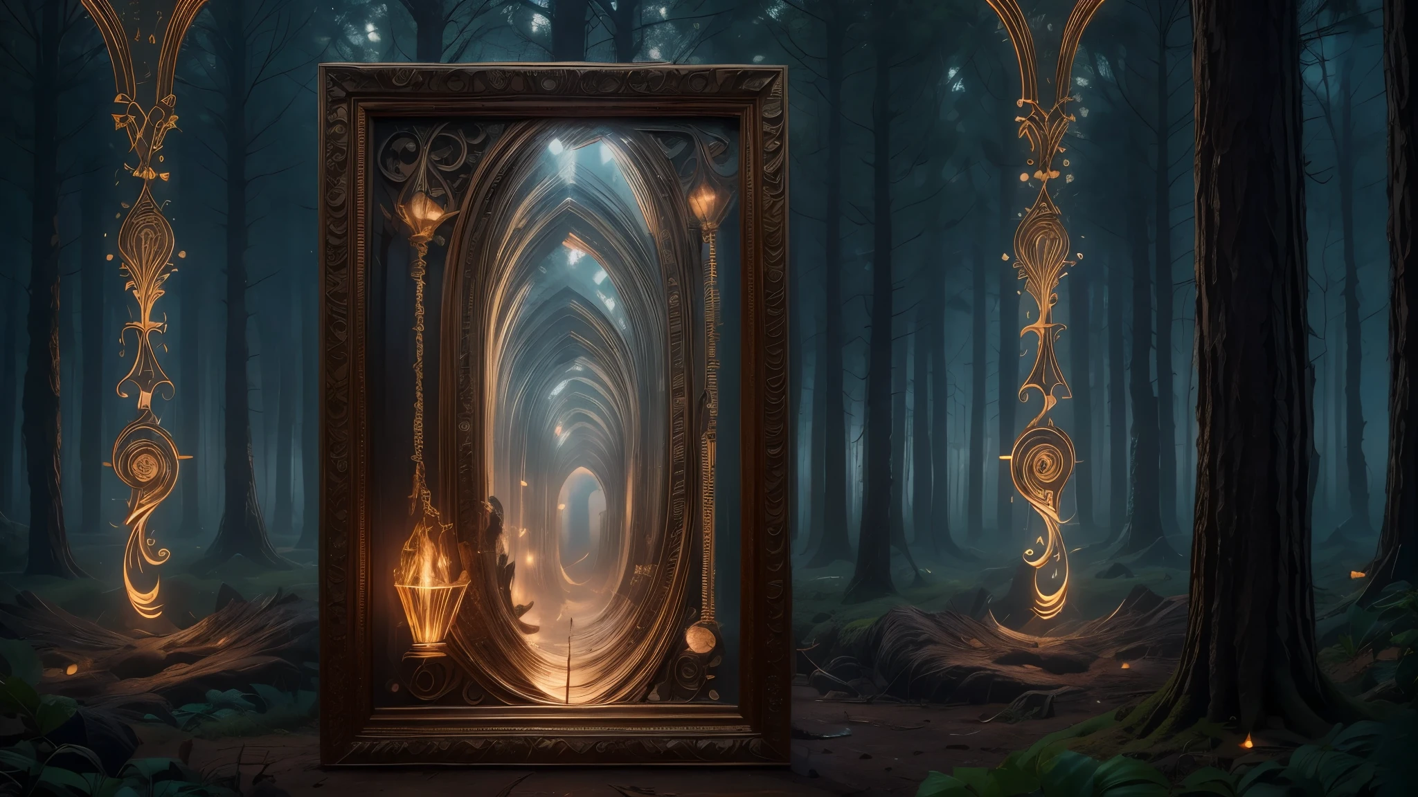 A tall mirror in a dark forest, the mirror shows another world, the mirror has a wooden frame with glowing runes carved in the frame, 1 mirror, the mirror emits light,