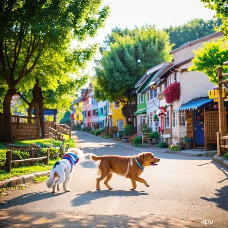 (best quality,4k,highres:1.2),ultra-detailed,realistic, cute ,adorable child, vibrant and lively village scene, playfully joyful ,dog,beautifully depicted tree, joy-filled atmosphere, sunny day, vibrant colors, happy ,laughter, playful interaction, child's innocence, dog's wagging tail, authentic village setting, peaceful ambiance