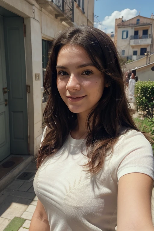 (Solo:1.3)), 1Girl, Best Quality, Realistic, Photorealistic, Best Quality, Masterpiece, Very Delicate and Beautiful, Very Detailed, (Selfie:1.2), Fine Detail, Ultra Detail, High Definition, Very Detailed, Realistic, Ultra High Definition, Best Quality, Ultra High Definition, (Real:1.4),
woman, 23 years old, just left the house to go to work, dressed in a sporty and informal way. Little makeup, wavy hair. Smiling face, It's a beautiful day. Roman residential area background