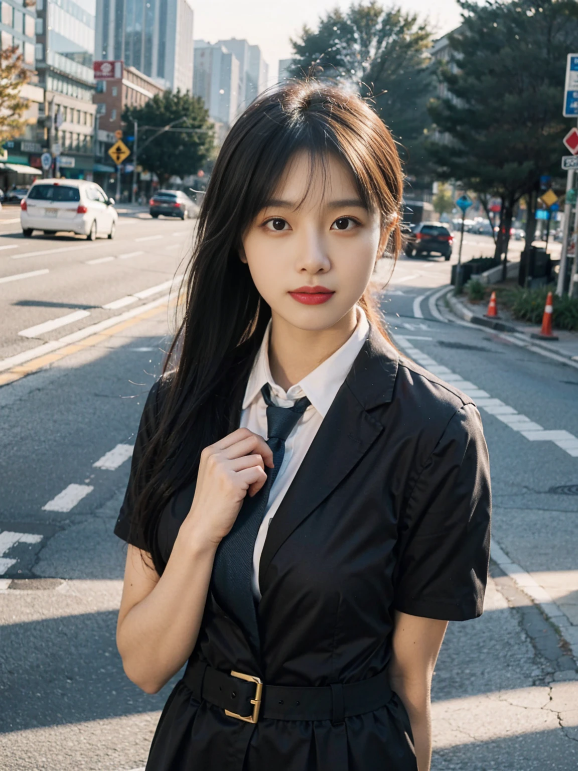 8k resolution), (RAW photos), (Best quality), (masterpiece:1.5), (Realistically:1.5), (Shoot real)), Vivid details, Hyper-photorealism, 1 Girl,Sweet,pure(cute:1.2)((Uniforms)),((((JK)))),road,road口,Maximum chest,close up