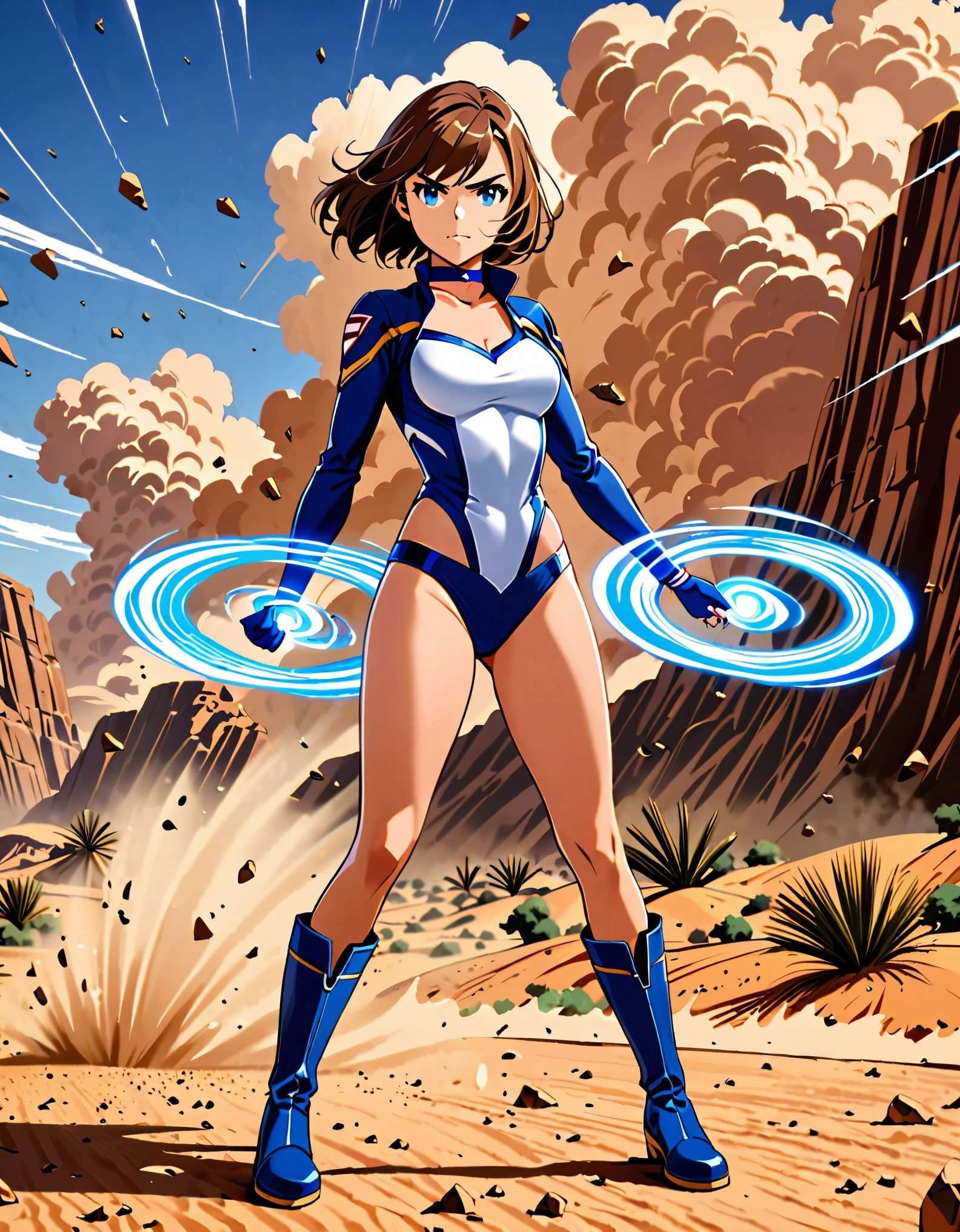 1girl, superhero, blue choker, blue eyes, blue footwear, blue gloves, boots, leotard, midriff, long sleeves, medium breasts, brown hair, knee boots, short hair, bob hair, solo, standing, determined, full body, desert backdrop, sandstorm, college-age female. raised arms. She spins at an incredible speed, creating a whirlwind of air around her. She rotates her body in place in super-speed, She spins fast in place like a tornado. Cyclone spinning. Rapid gyration. Tornado winds around her. She super-spins.