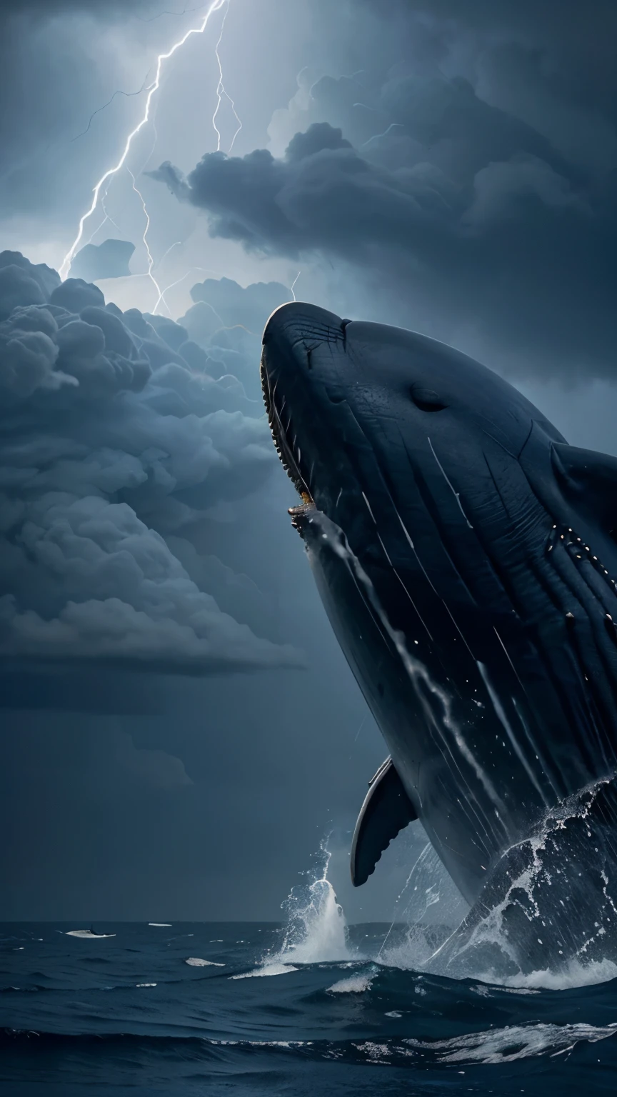In the sea big blue whale and sharks the scenes like so haunted black clouds and rain electricity ⚡