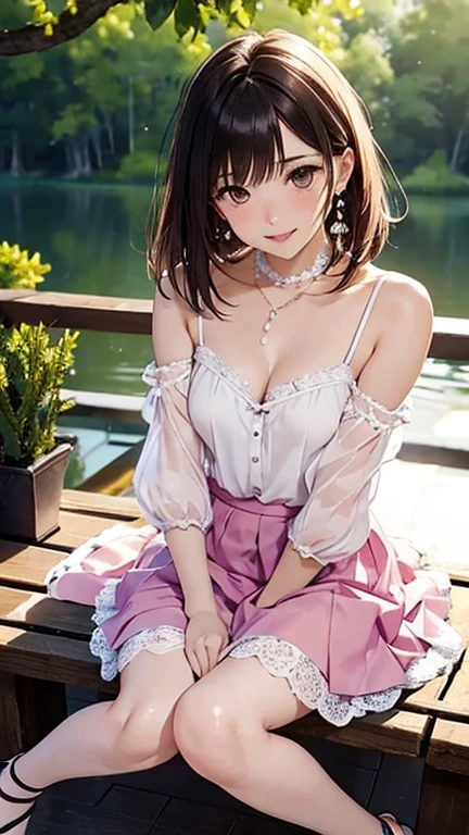 highest quality、High resolution、Detailed Background、Beautiful and dense face、Beautiful, smooth skin、Skin Texture、cute15代の美少女、Realistic、Perfect body line、black hair,shortbob hair、cute髪型、Calm atmosphere、Realistic Face,
Happy expression、smile、Laughter、sexual expression、Upper Body、Tea time at the cafe、small breasts,
Choose white or pastel colors for your lace tops and flared skirts....、Sandals or heels、
If your lace top is see-through, You can also wear it with a camisole underneath for an elegant look..。..、
Choose a lace blouse in a soft color、Add some feminine movement with a pleated skirt.、
Adding lace to the sleeves and collar of the blouse makes it even more cute.、
Choose a colorful lace camisole、Add elegance with a midi skirt、cute、Simple and elegant pearl earrings、delicate chain necklace、
An elegant and sophisticated watch、It&#39;s best to choose a design that suits your taste and style....、Leather Belt, Metal Belt、
A simple bracelet that looks great on your wrist、Thin chain and simple design、Thin ring on fingertip、Pay attention to proper balance and layering、cute日本人,