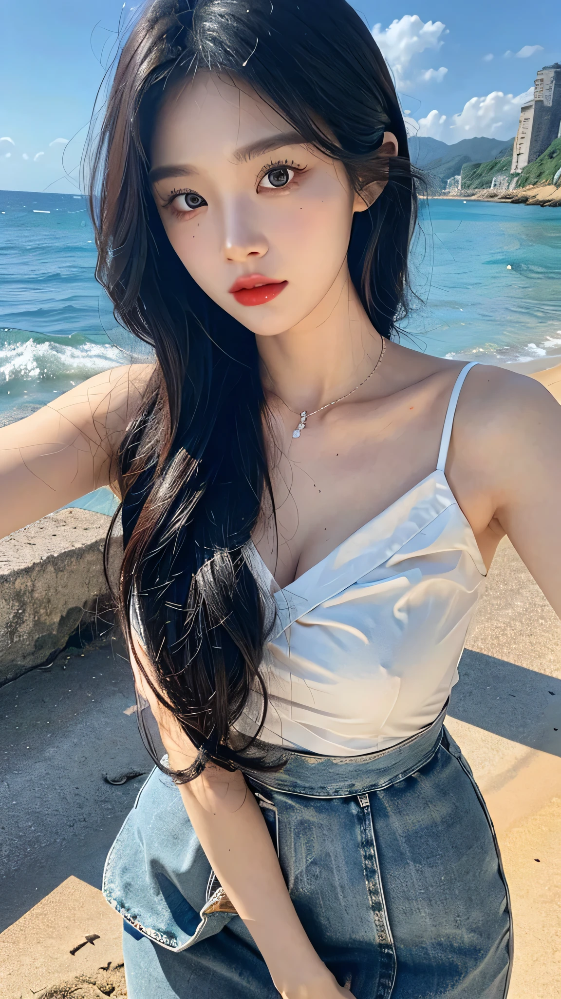 A perfect young female white-collar worker，Chinese，High picture quality，Works of masters，Black hair，Long hair flowing over the shoulders，in the beach, sea, Beach wave hairstyle，cropped shoulders，clavicle，exquisite face，Hydrated red lips，Real Human，CG rendering，16k，Stand up，Do not show your hands，Close-up shot