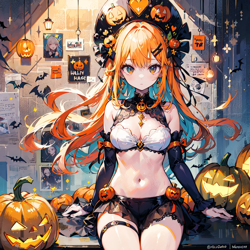 girl with orenge tied hair and a pumpkin hat, sit pose, halloween theme,