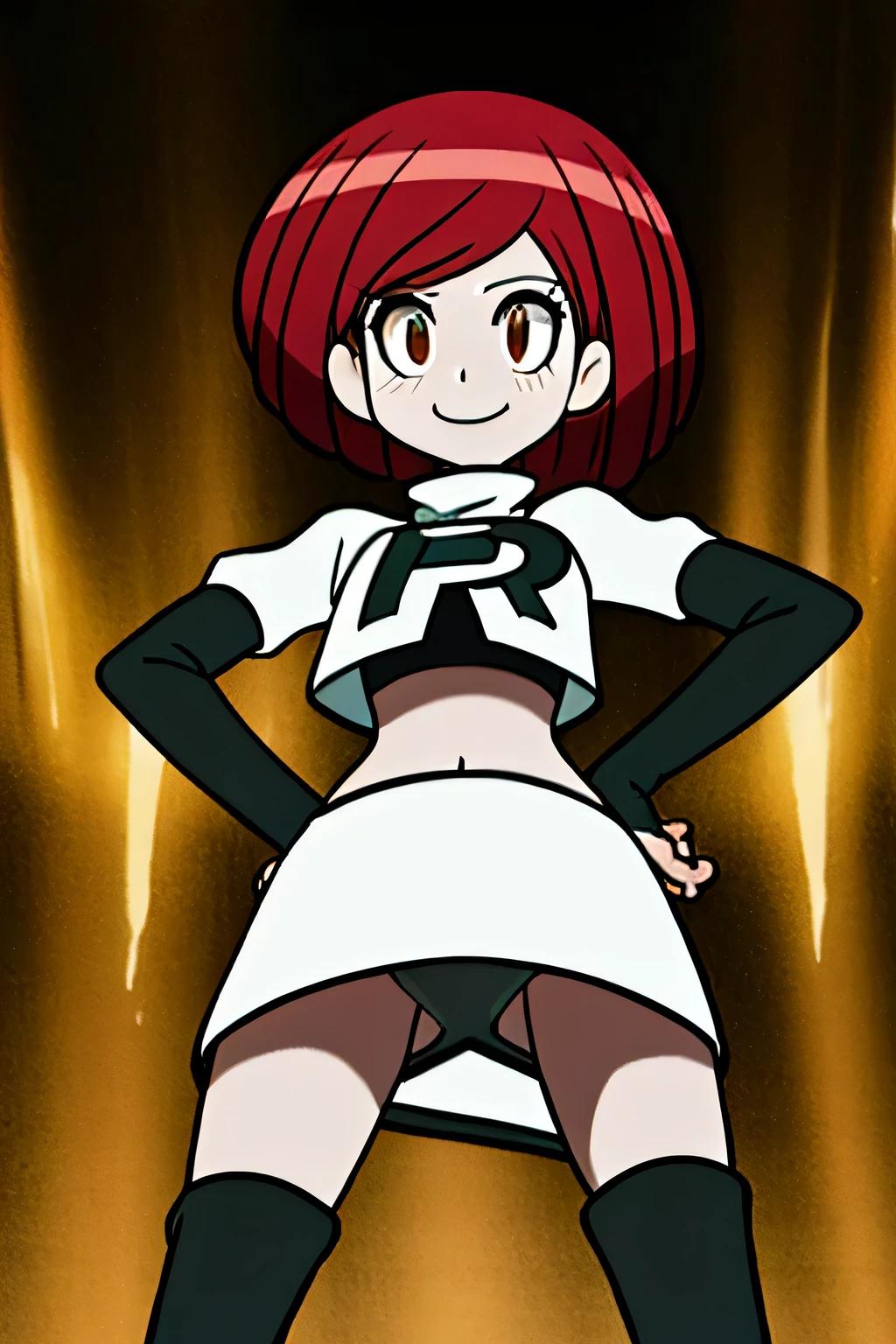 masterpiece,best quality,high res,high quality,8k, masterpiece,highres, team rocket uniform, red letter r, white skirt,white crop top,black thigh-high boots, black elbow gloves, evil smile, looking down at viewer, hands on hips, cowboy shot, zettai ryouiki,spread legs,from below, black panties,anime style, vivid colors, sharp focus, intense lighting,yumeno himiko, short hair, red hair, bangs, brown eyes, hair ornament,