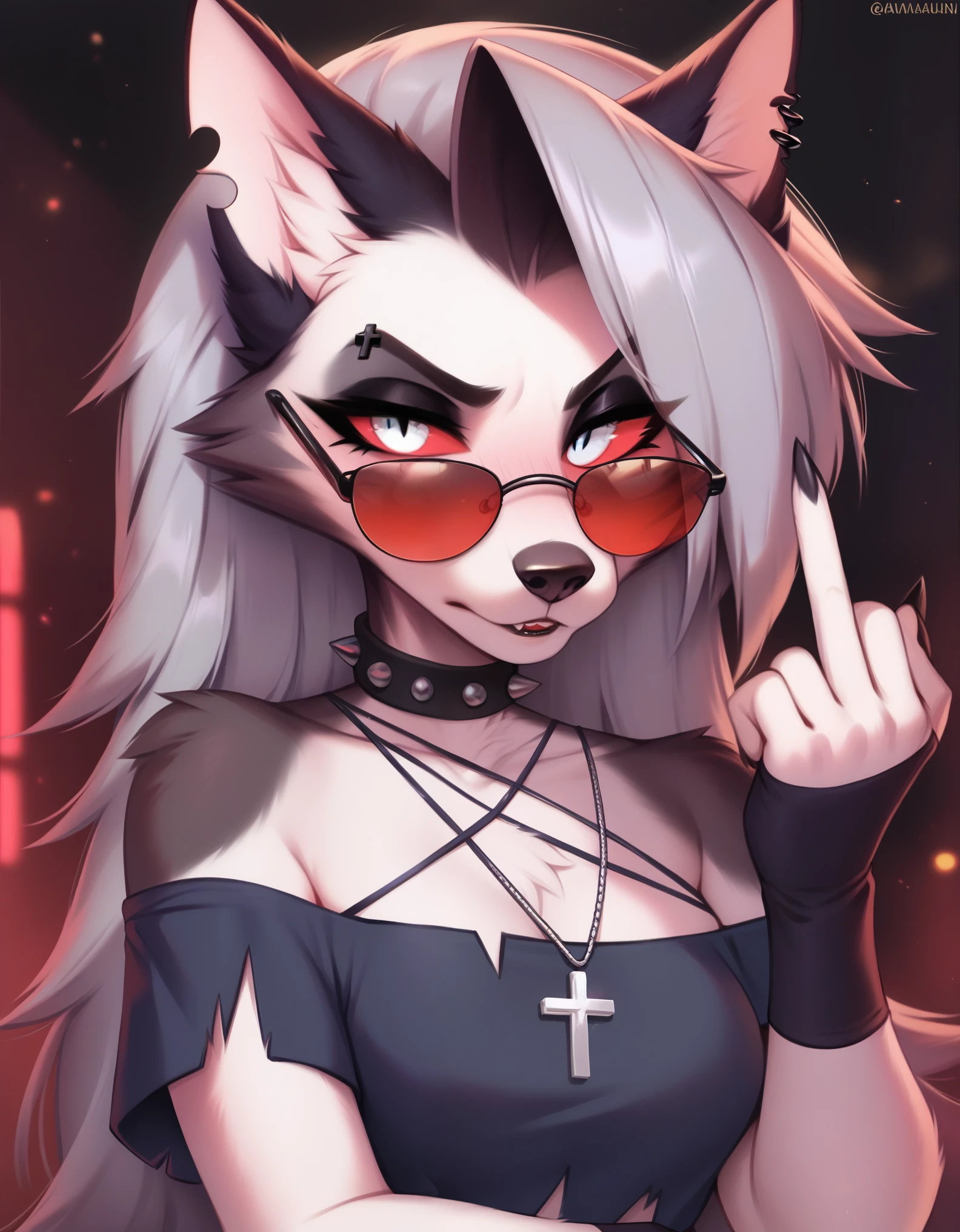 score_9, score_8_up, score_7_up, score_6_up, safe content, by vivzmind, mammal, canid, canid demon, demon, anthro, female, solo, eyewear, jewelry, necklace, helluva boss, gesture, hellhound, loona, choker, sunglasses, goth, cross, middle finger, official art, inverted cross, instagram