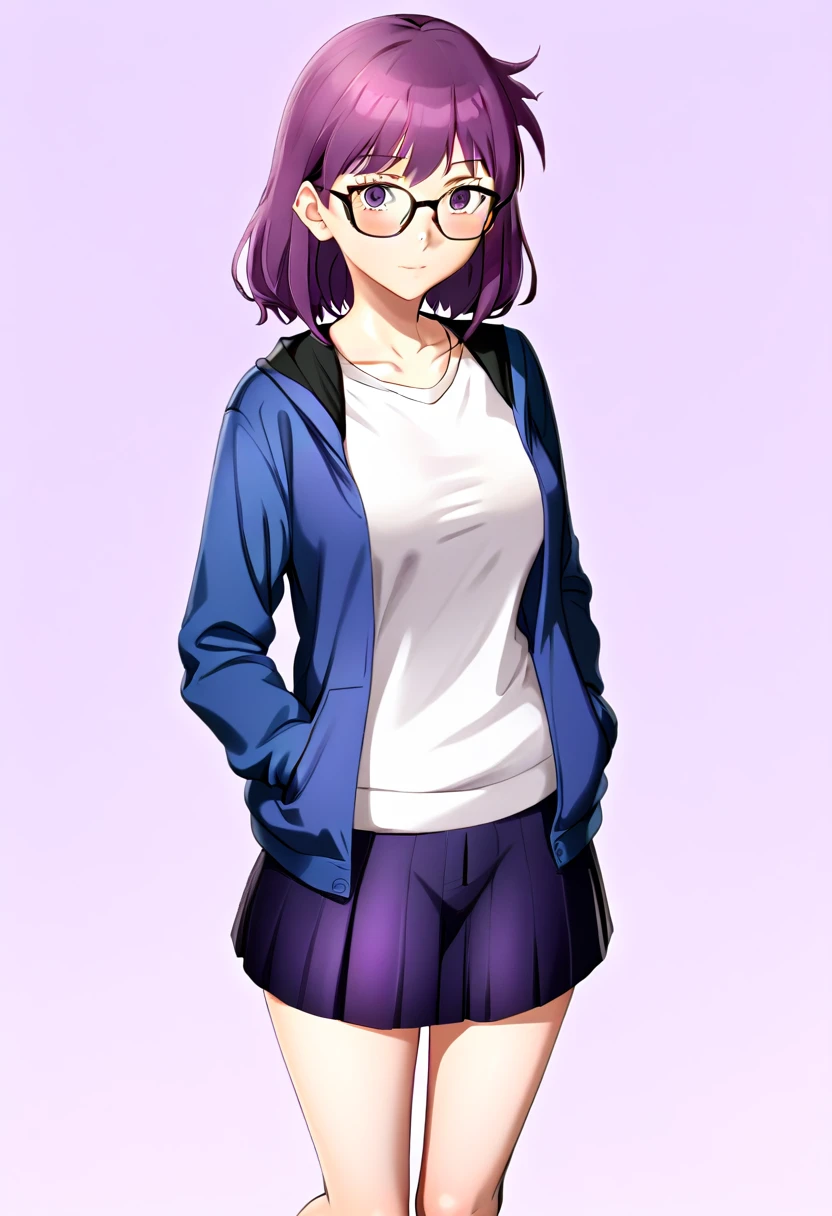 Purple hair and glasses、Anime characters, Marin Kitagawa Fanart, Anime Moe Art Style, Cute girl anime visuals, Female protagonist 👀 :8, Short full body portrait!,Arale-chan，Official character art, safebooru anime images, Official Art, 2D Anime Style, Anime charactersとして, Hinata Hyuga