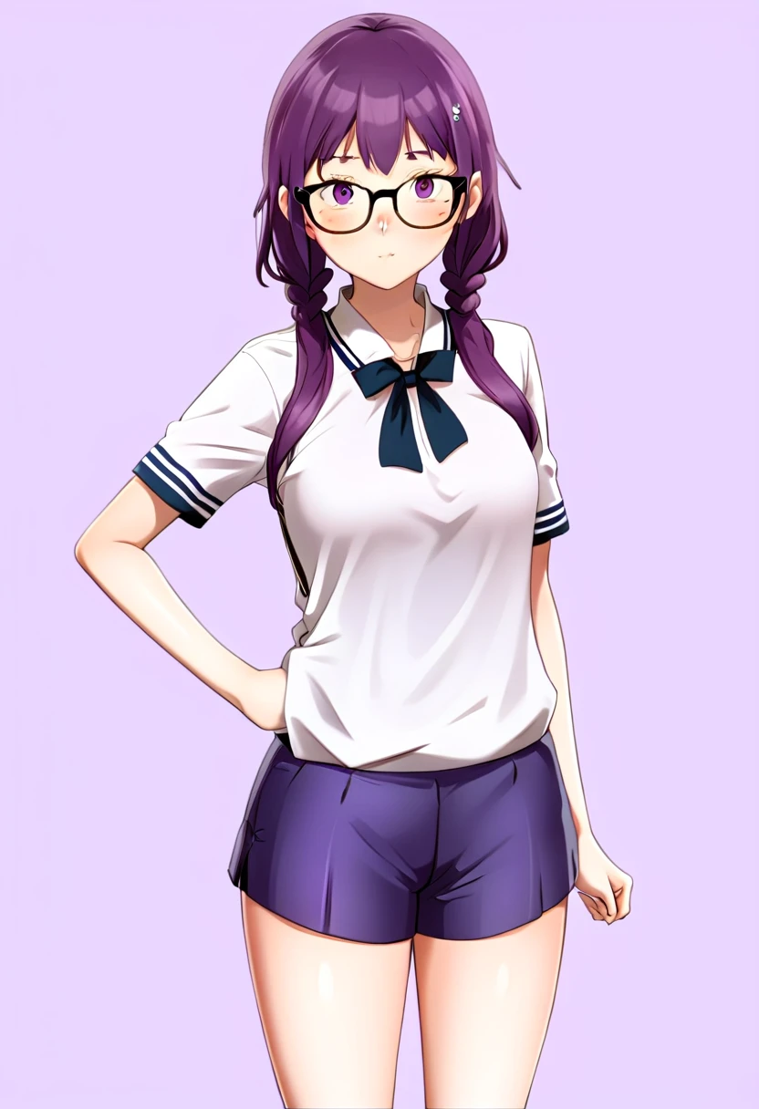 Purple hair and glasses、Anime characters, Marin Kitagawa Fanart, Anime Moe Art Style, Cute girl anime visuals, Female protagonist 👀 :8, Short full body portrait!,Arale-chan，Official character art, safebooru anime images, Official Art, 2D Anime Style, Anime charactersとして, Hinata Hyuga