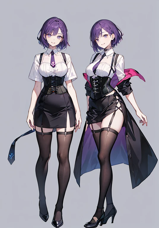 ((Perfect Face)),Purple Hair,Shortcuts,Adult female,bartender,((Body Harness)),((Shirt with rolled up sleeves)),tie,Black vest,((corset)),(skirt)((slit)),,((Simple Background)),smile,((full body)),((Full Body)),((whole body))Character portrait,((upright)),Both arms are lowered,
