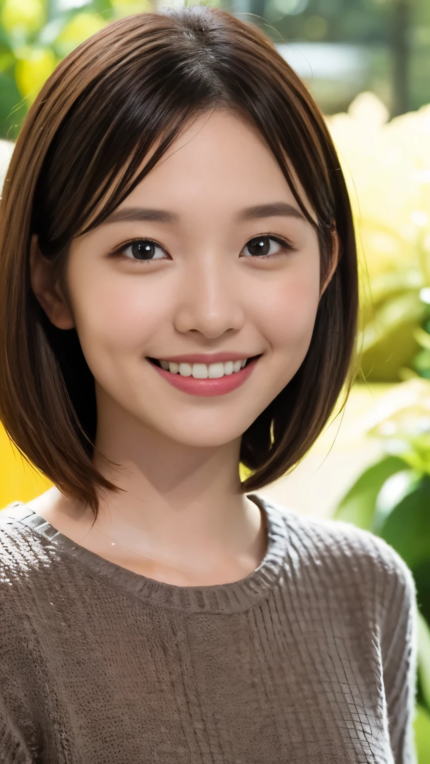 1 Female,Photorealistic,Highest quality,Ultra high definition,8K,Cool Beauty,Beauty,Perfect Style,Summer knitwear,Japanese,Upper body close-up,smile,looking at the camera,Short Bob