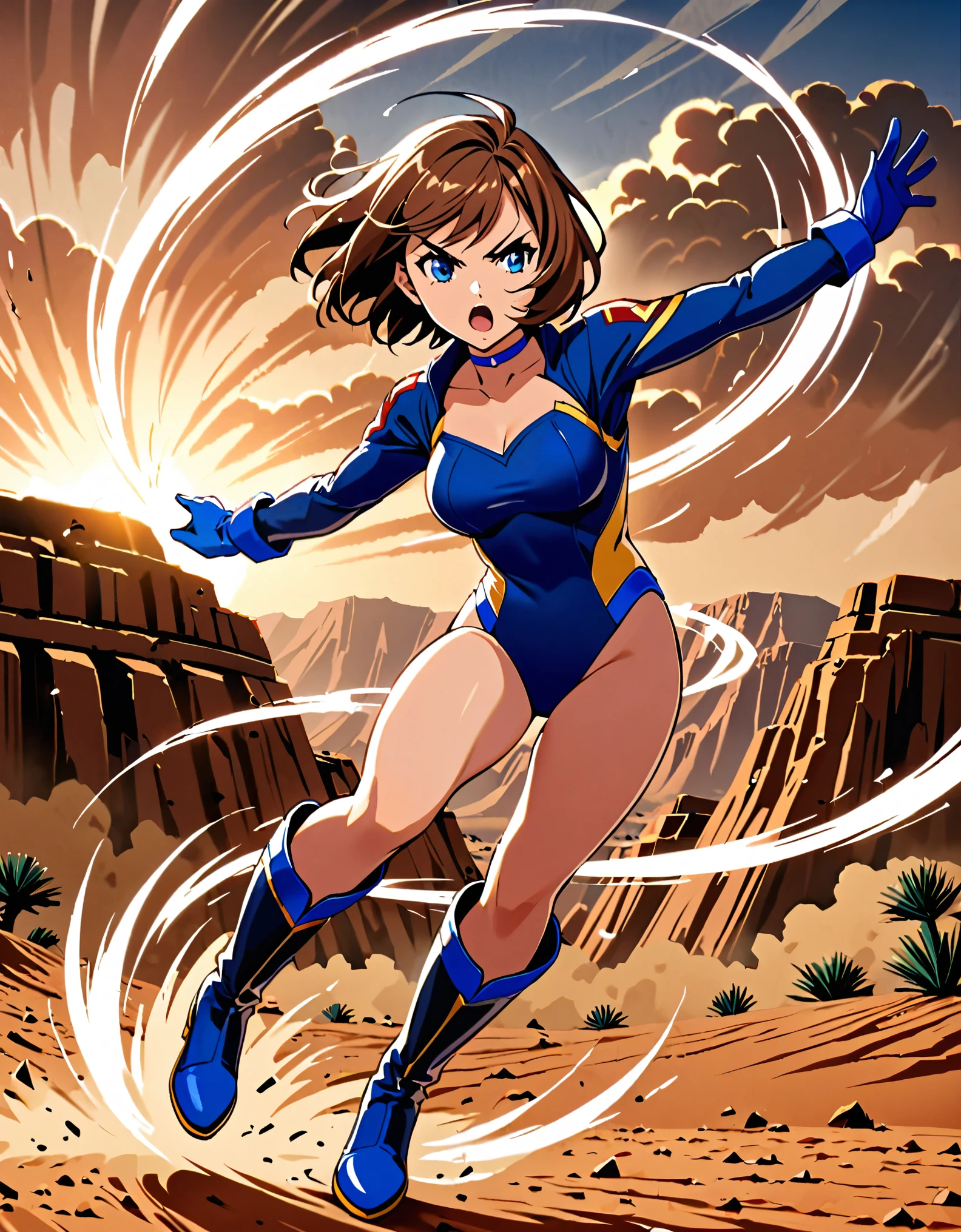 1girl, superhero, blue choker, blue eyes, blue footwear, blue gloves, boots, leotard, midriff, long sleeves, medium breasts, brown hair, knee boots, short hair, bob hair, solo, determined, full body, desert backdrop, sandstorm, college-age female. raised arms. She spins at an incredible speed, creating a whirlwind of air around her. She rotates her body in place in super-speed, She spins fast in place like a tornado. Cyclone spinning. Rapid gyration. Tornado winds around her. She super-spins.