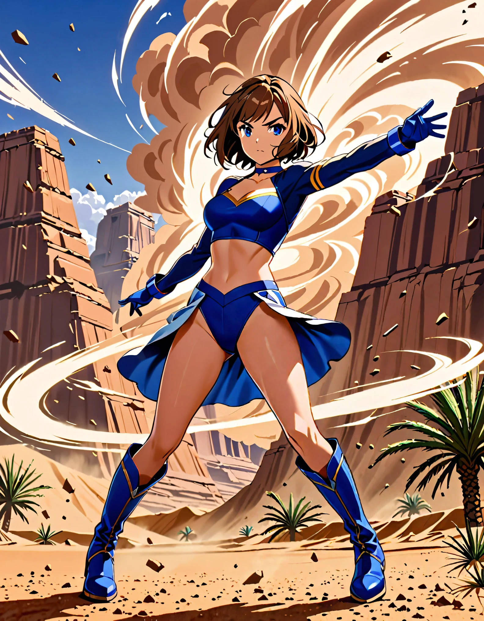 1girl, superhero, blue choker, blue eyes, blue footwear, blue gloves, boots, leotard, midriff, long sleeves, medium breasts, brown hair, knee boots, short hair, bob hair, solo, determined, full body, desert backdrop, sandstorm, college-age female. raised arms. She spins at an incredible speed, creating a whirlwind of air around her. She rotates her body in place in super-speed, She spins fast in place like a tornado. Cyclone spinning. Rapid gyration. Tornado winds around her. She super-spins.