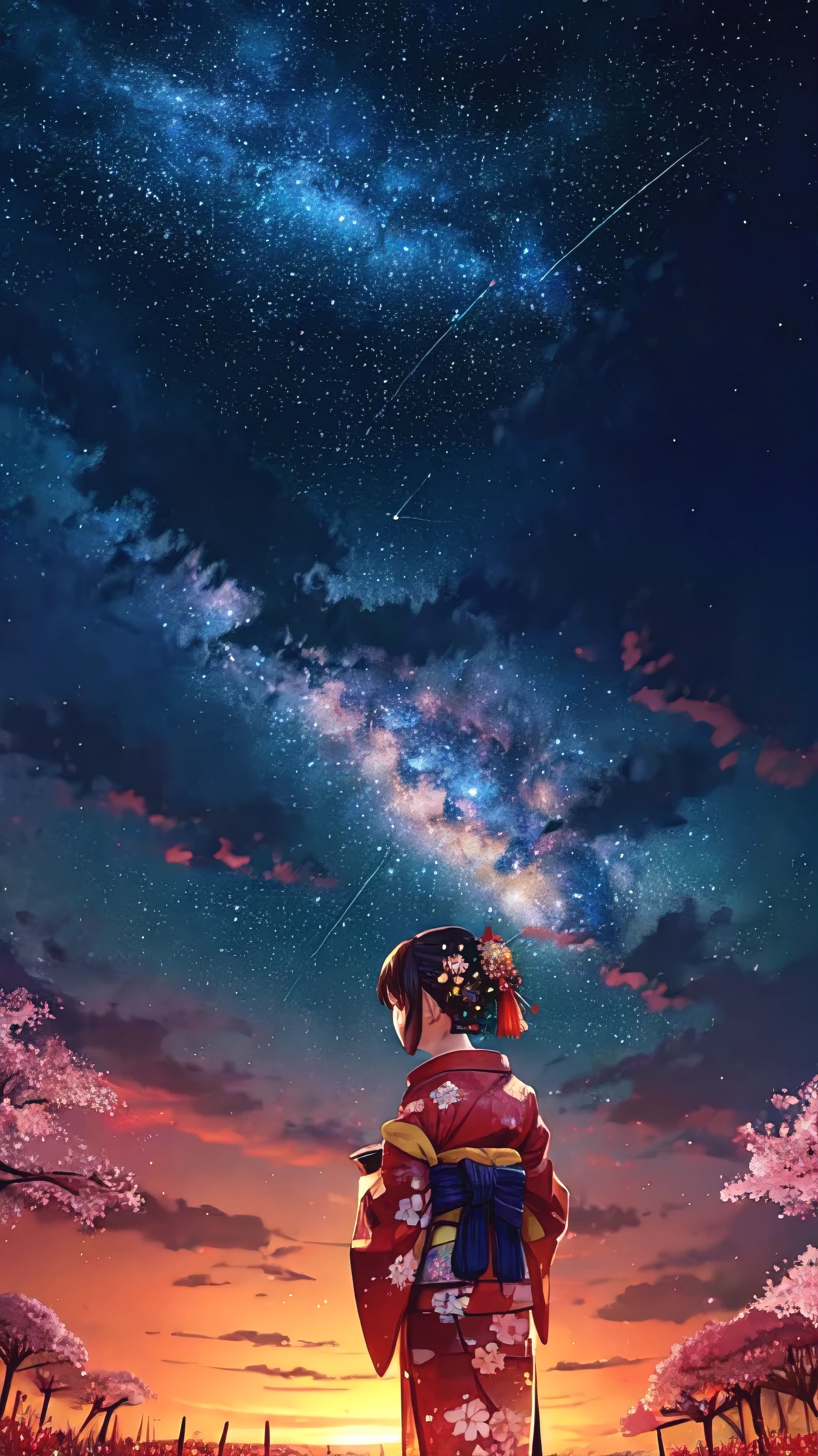 1girl, distant girl wearing a kimono staring at the stars, (zoomed out:1.1), (meteor shower:1.2), (comet:1.1), your name, low angle, from behind, aroura borealis, shooting star, yukata, red kimono, cherry blossoms, standing in a field,best quality, masterpiece, cloud,colorful, starry,stars,