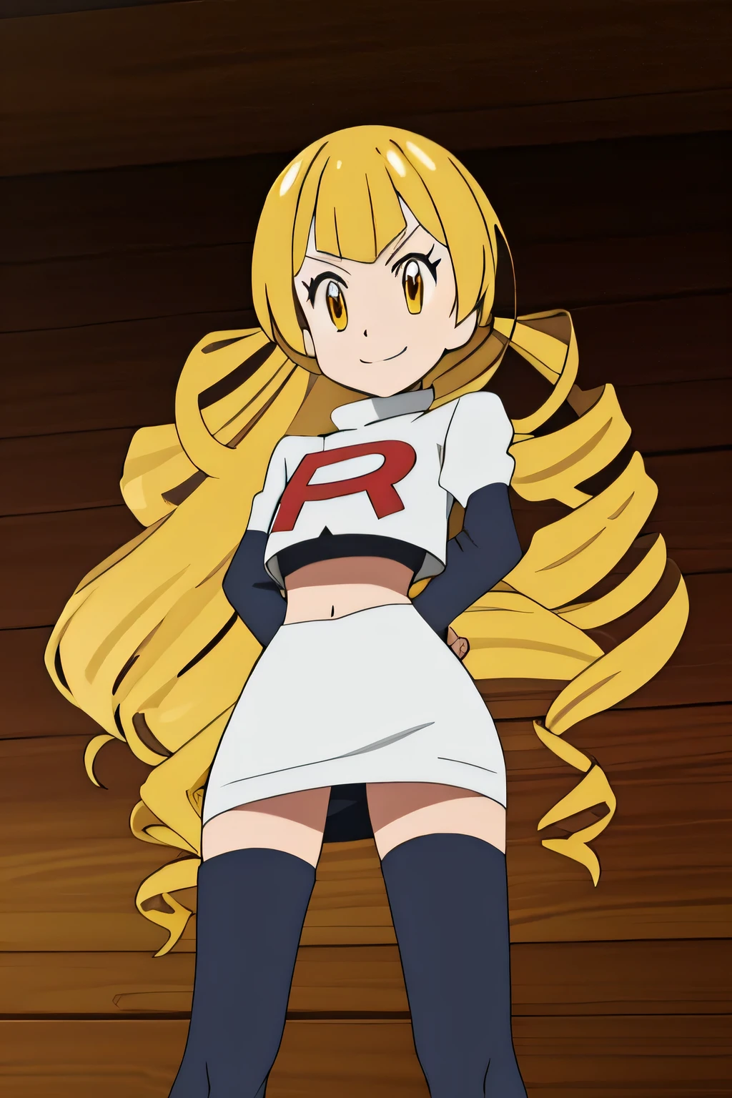 masterpiece,best quality,high res,high quality,8k, masterpiece,highres, team rocket uniform, red letter r, white skirt,white crop top,black thigh-high boots, black elbow gloves, evil smile, looking down at viewer, hands on hips, cowboy shot, zettai ryouiki,spread legs,from below, black panties,anime style, vivid colors, sharp focus, intense lighting,Mariabell Crois,yellow hair, drill hair, twin drills, (long hair:1.1), very long hair,, hair ornament, orange eyes