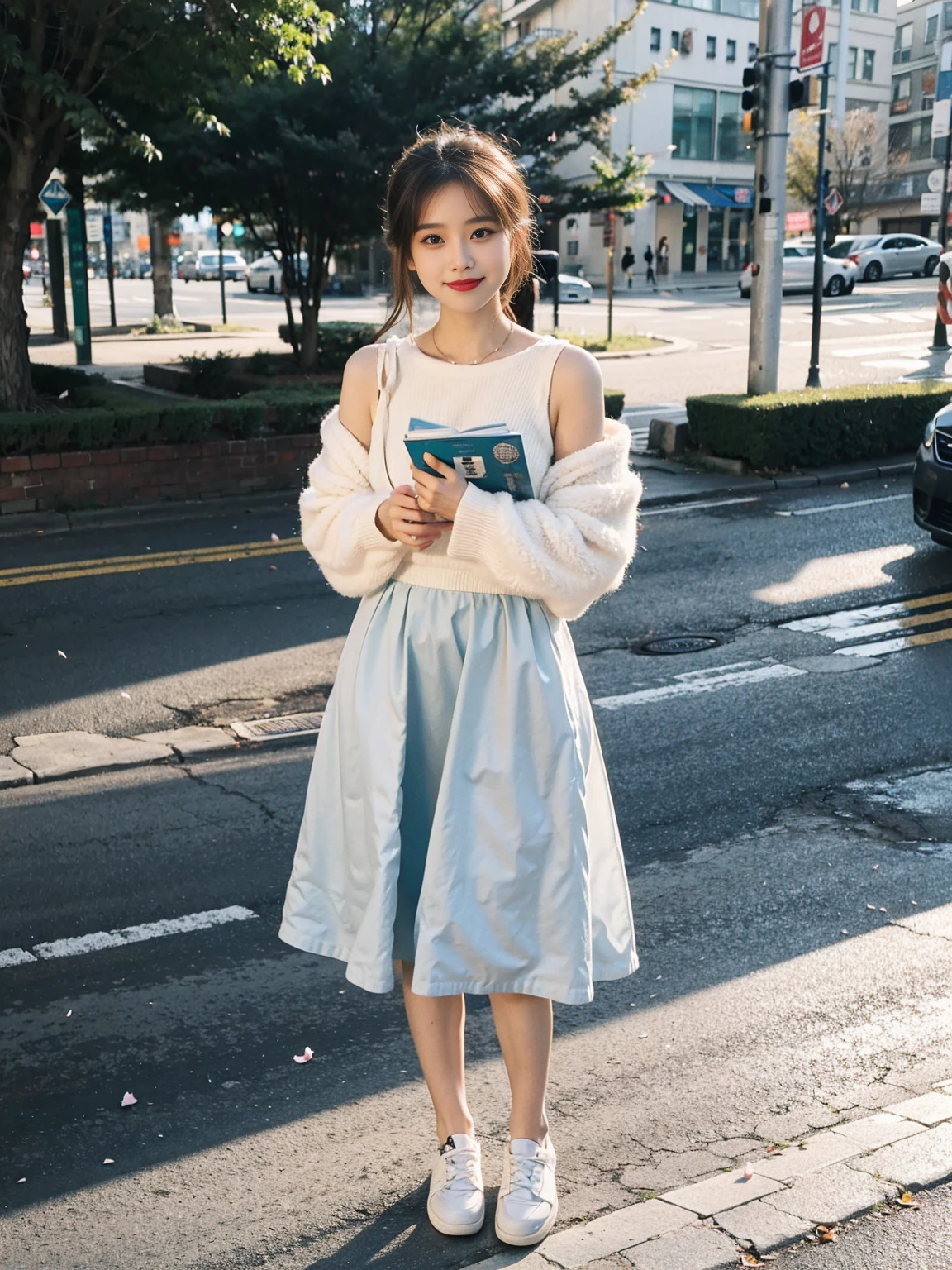 On the busy streets，I saw a girl。She stood there quietly，But it seems to be a landscape in itself。

She has long, smooth brown hair.，Falling naturally on the shoulders，Glowing slightly in the sun。Her skin is as white as snow，A light pink，Like blooming peach petals。Her eyes were like two bright stars，Clear and smart，The long eyelashes flickered like a small fan。

She wore a light blue dress，The skirt flutters gently in the breeze，She looks particularly fresh and refined。She was wearing a pair of white flat shoes.，Simple and elegant。She held a book in her hand，Watching intently，A faint smile from time to time，That smile is as warm as the spring breeze，It makes people feel happy after watching it.。