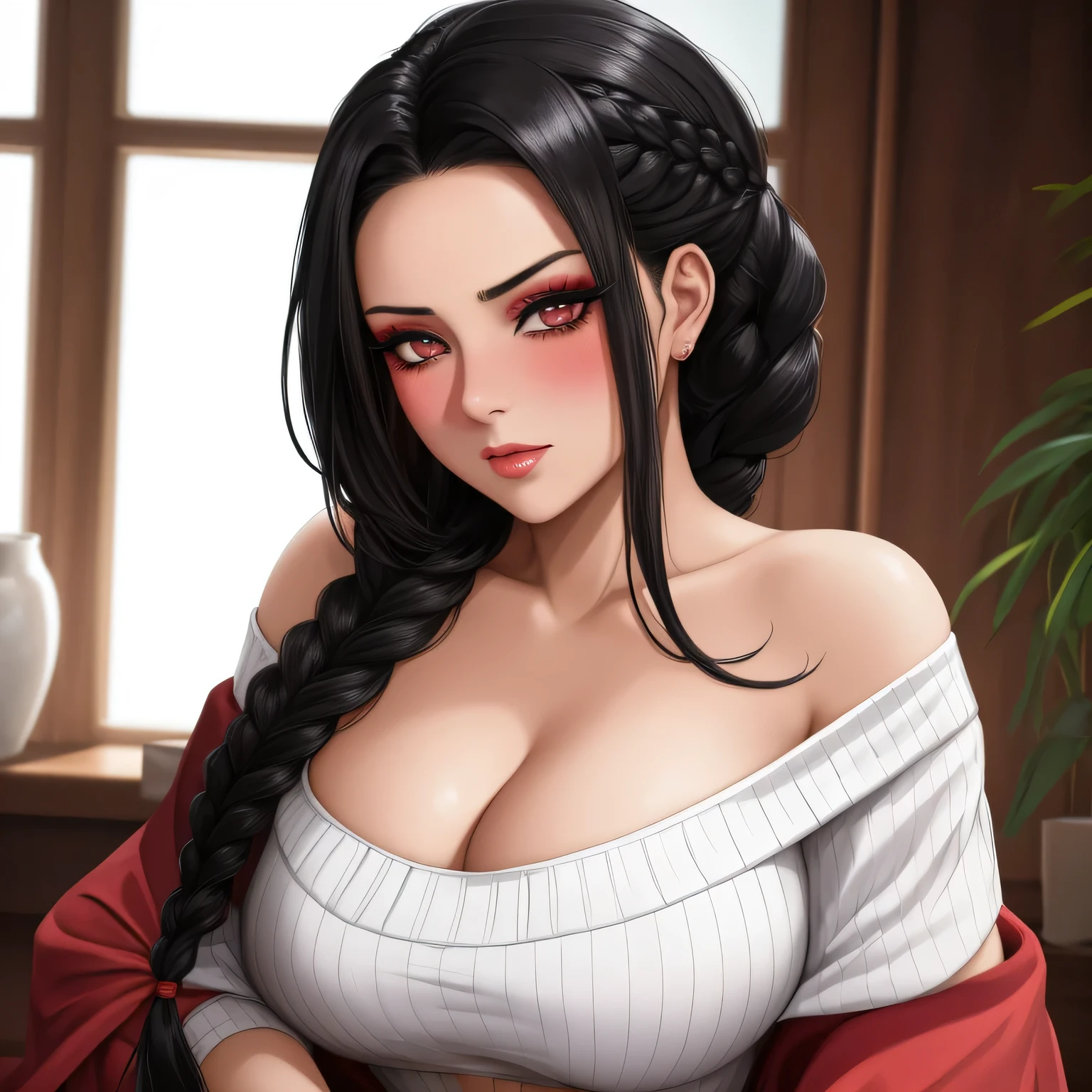 Amazing portrait of a sexy woman with her black hair in a single braid with her seductive eyes in an intense gaze and her mouth parted with a deep blush as she's flustered with a beautiful face with amazing makeup and she's wearing an off shoulder t shirt