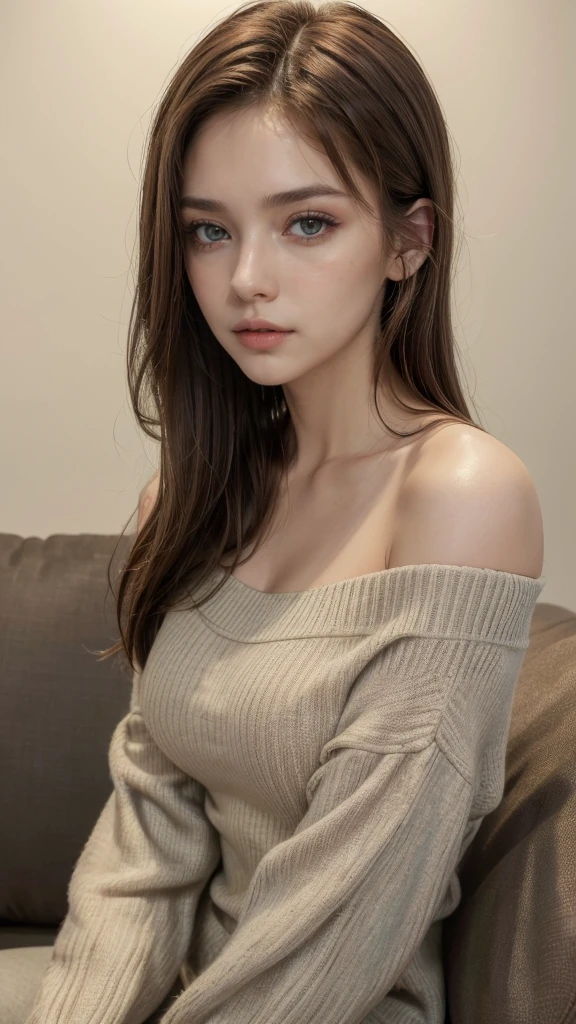 ((Night view, realistic light, best quality, 8k, masterpiece: 1.3)), 1girl, pretty woman with slim figure: 1.4, (brown hair, medium breasts: 1.3), off-the-shoulder cut top: 1.3, sofa, super detailed face, detailed eyes, double eyelids