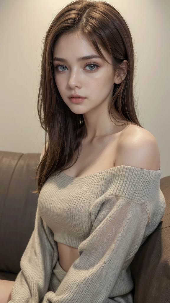 ((Night view, realistic light, best quality, 8k, masterpiece: 1.3)), 1girl, pretty woman with slim figure: 1.4, (brown hair, medium breasts: 1.3), off-the-shoulder cut top: 1.3, sofa, super detailed face, detailed eyes, double eyelids