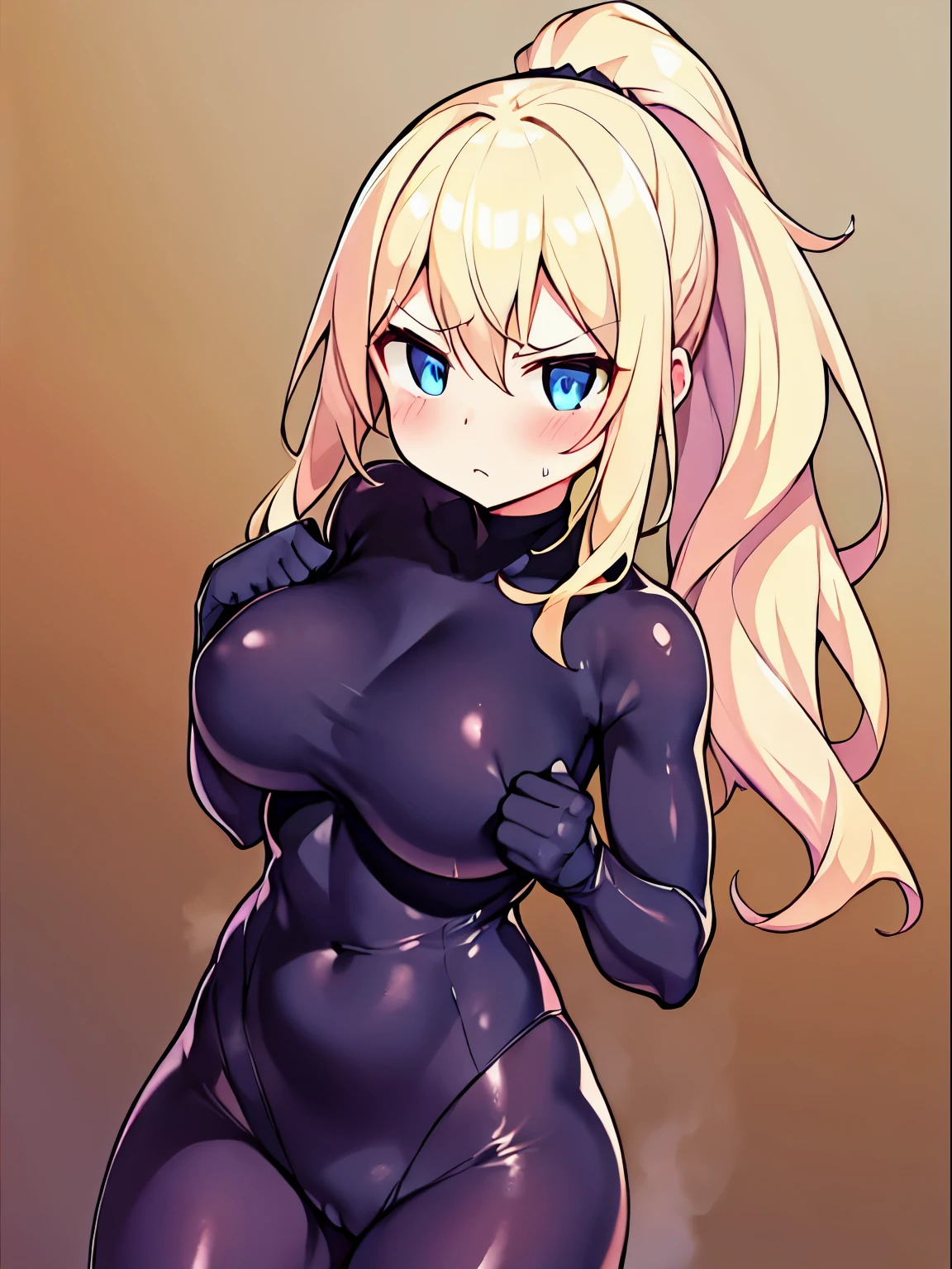 1 girl,punch hands,Black tight suit,blush,Serious face,blue eyes,Blonde,ponytail,Standing,Large Breasts,clenched fist