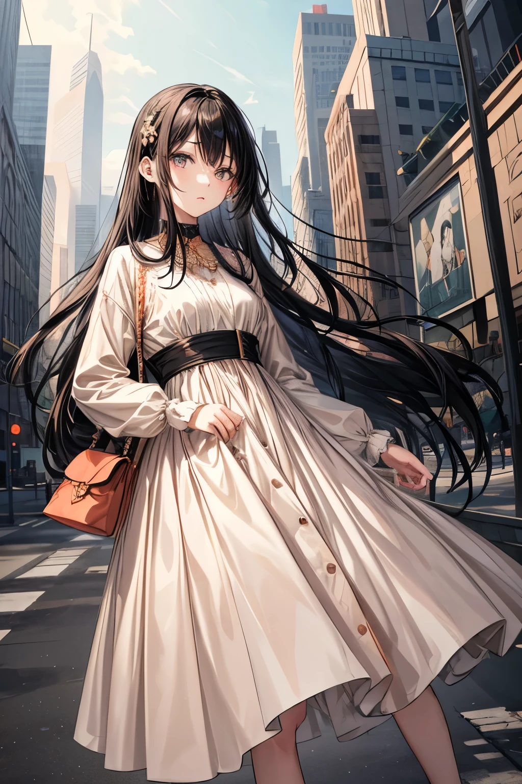 (flat color:1.1),(masterpiece:1.2), original, medium length straight black hair, peach-colored eyes, mature girl wearing modern dress