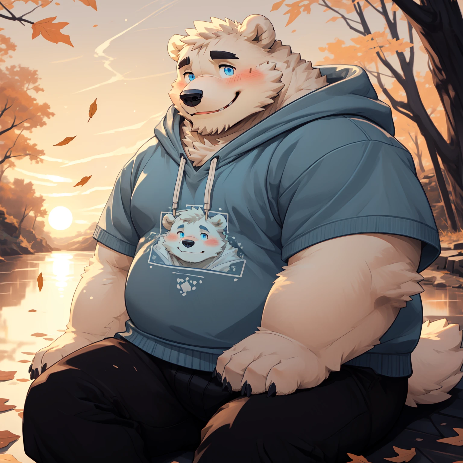New Jersey 5 Furry，polar bear，riverside，sit alone，Exquisite， Chubby，Fat，Thick arms，Rugged muscles，White plush fur，Chubby脸，Black eyebrows，Sky blue eyes，Beard，Fallen Leaves，Light-colored sweatshirt，Pants，Sunset，blush，Smile