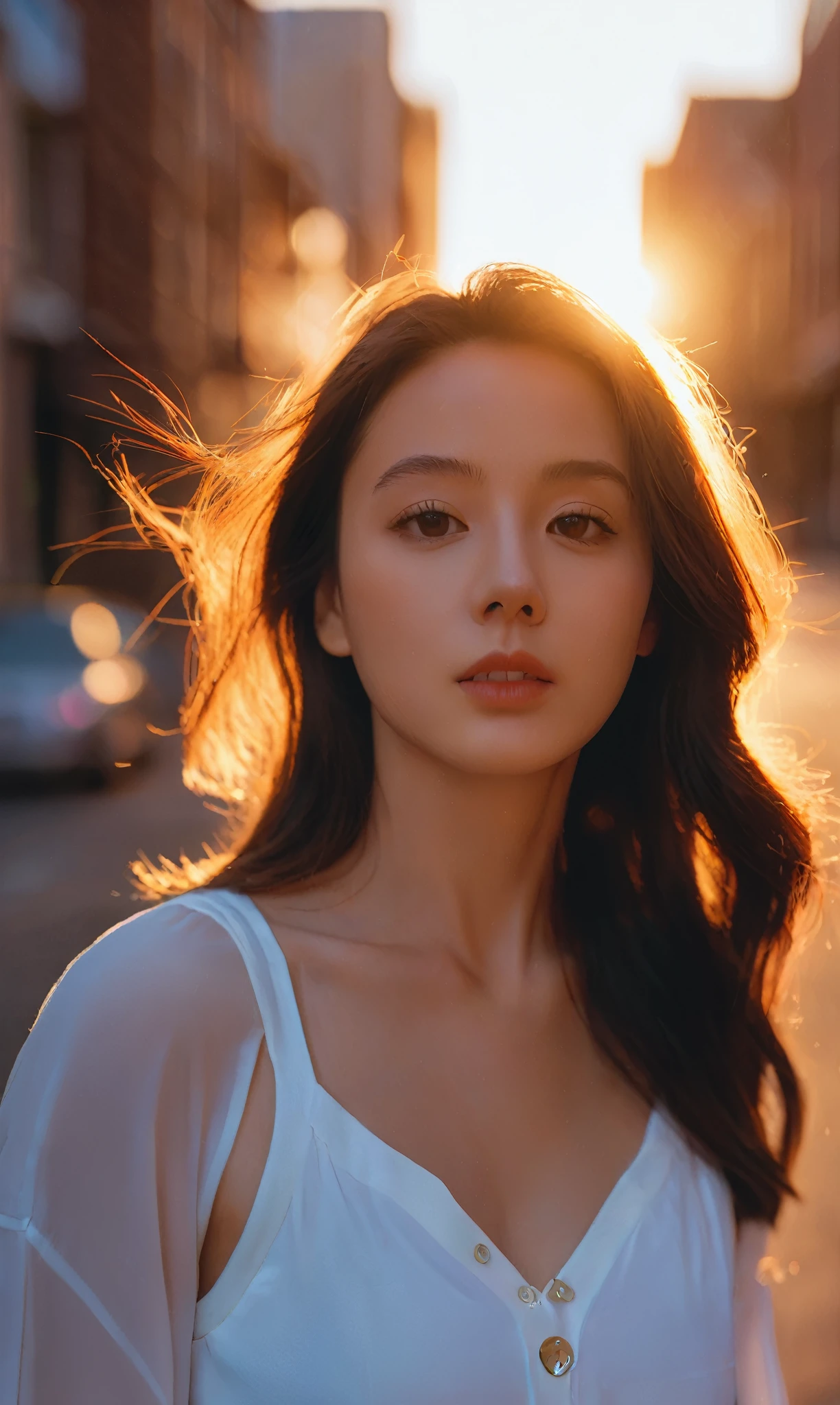 xxmixgirl, 1girl sunset details, Ultra-realistic dramatic lighting and shadows (commend, simulation, Kodak film) author:Brandon Woelfel Ryan McGinley