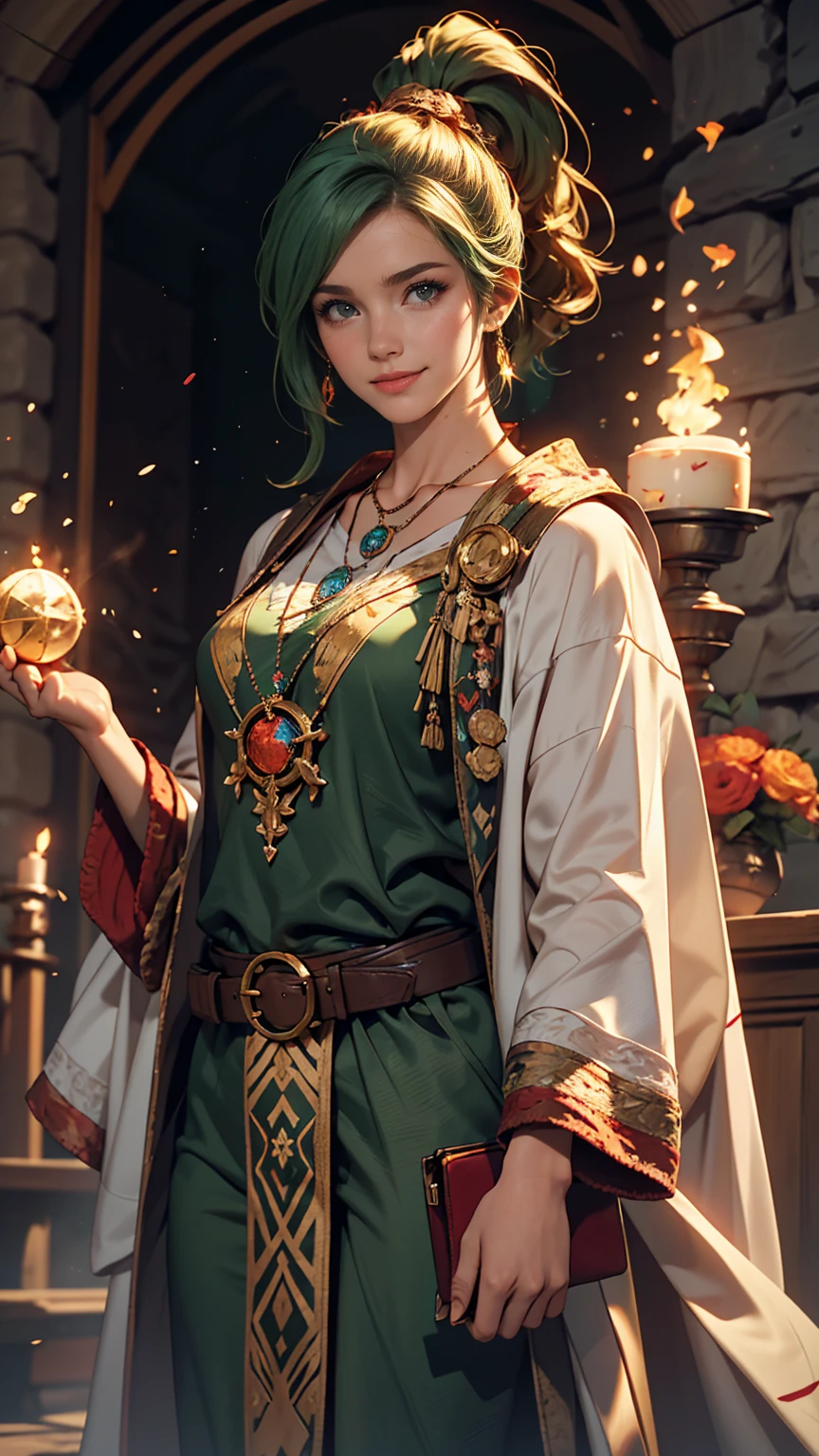 Colorful portrait illustration, (attractive female as a Wizard, ponytail, wear_length_Flowing_green_Complicated_Embroidered_Wizard_Robe), (necklace, Pouch, belt, smile, Very detailed face, masterpiece, highest quality), Very detailed, (In the dungeons), magician_Grams, (A large, glowing circle of runes), Fire and Ice, Casting a Spell, Ultra-high resolution, Alexandre Karame、Alyssa Monks、Shigeru Ban