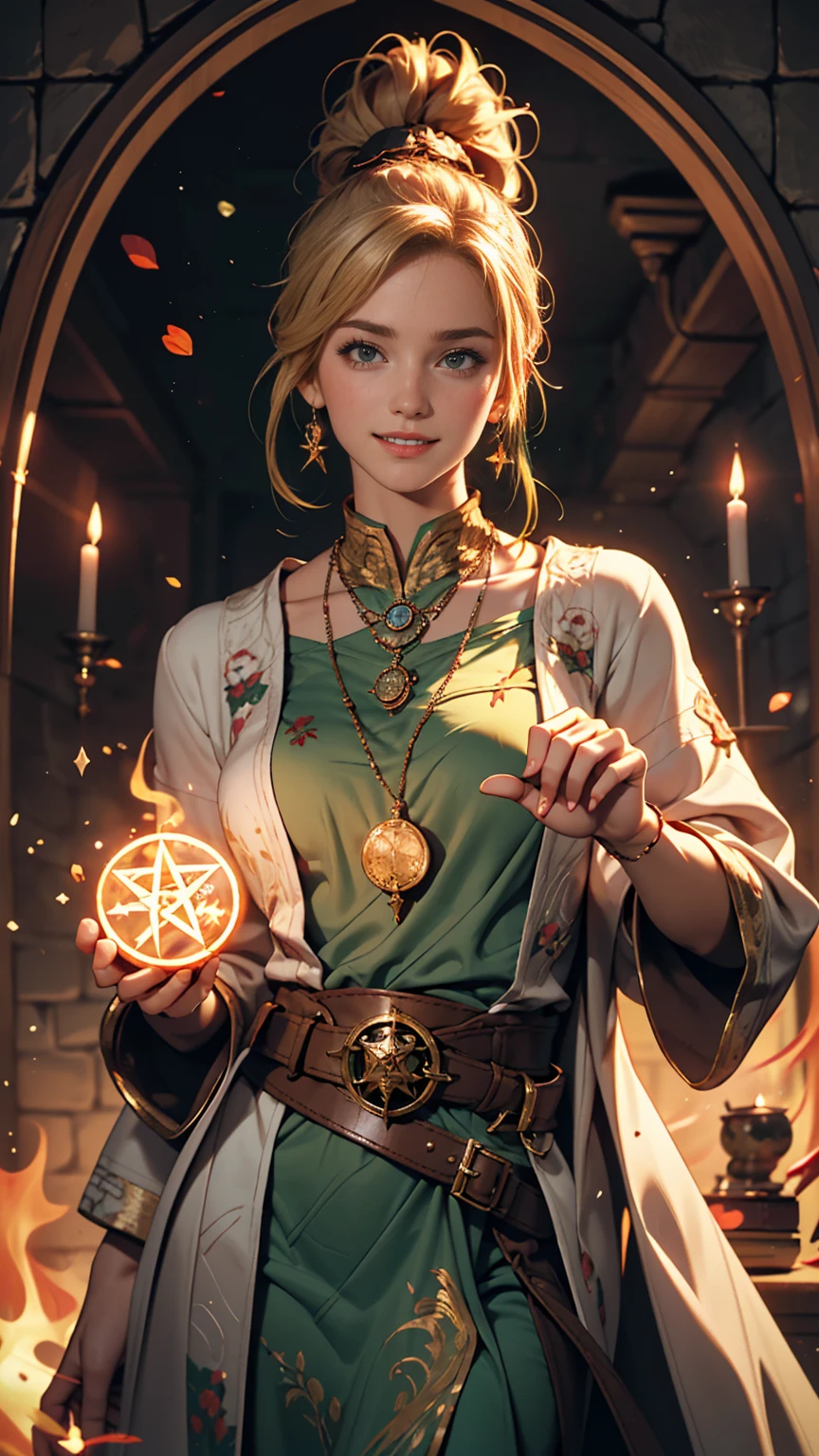 Colorful portrait illustration, (attractive female as a Wizard, ponytail, wear_length_Flowing_green_Complicated_Embroidered_Wizard_Robe), (necklace, Pouch, belt, smile, Very detailed face, masterpiece, highest quality), Very detailed, (In the dungeons), magician_Grams, (A large, glowing circle of runes), Fire and Ice, Casting a Spell, Ultra-high resolution, Alexandre Karame、Alyssa Monks、Shigeru Ban