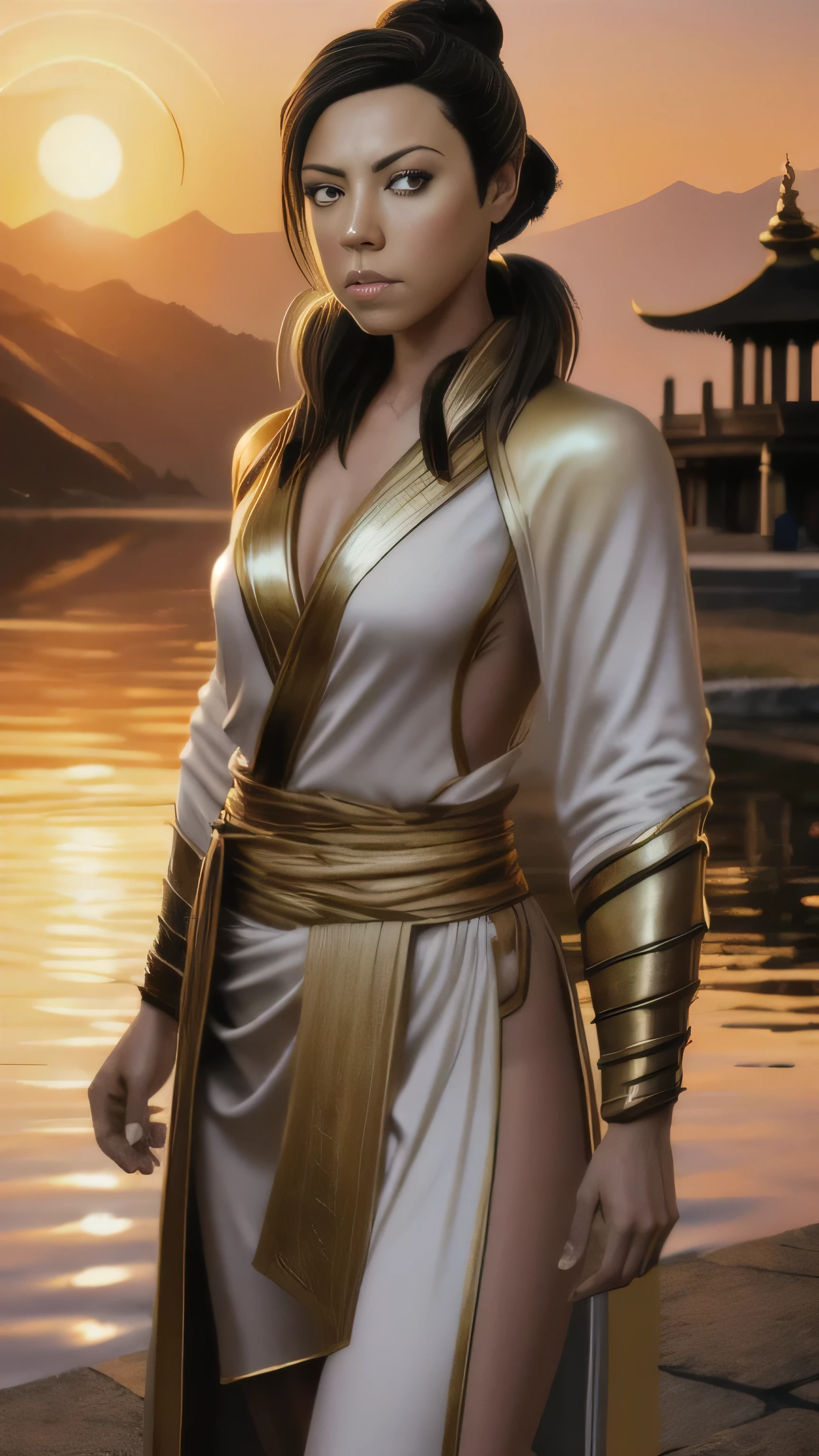 (Aubrey Plaza) as Ashrah from Mortal Kombat, brown eyes, brown hair, hair bun, white robes, gold trim, mystical body tattoos, mystical symbols, outside, temple, morning, lake, 1woman, solo, full body view, front view, looking at viewer, intricate, high detail, sharp focus, dramatic, photorealistic painting art by greg rutkowski