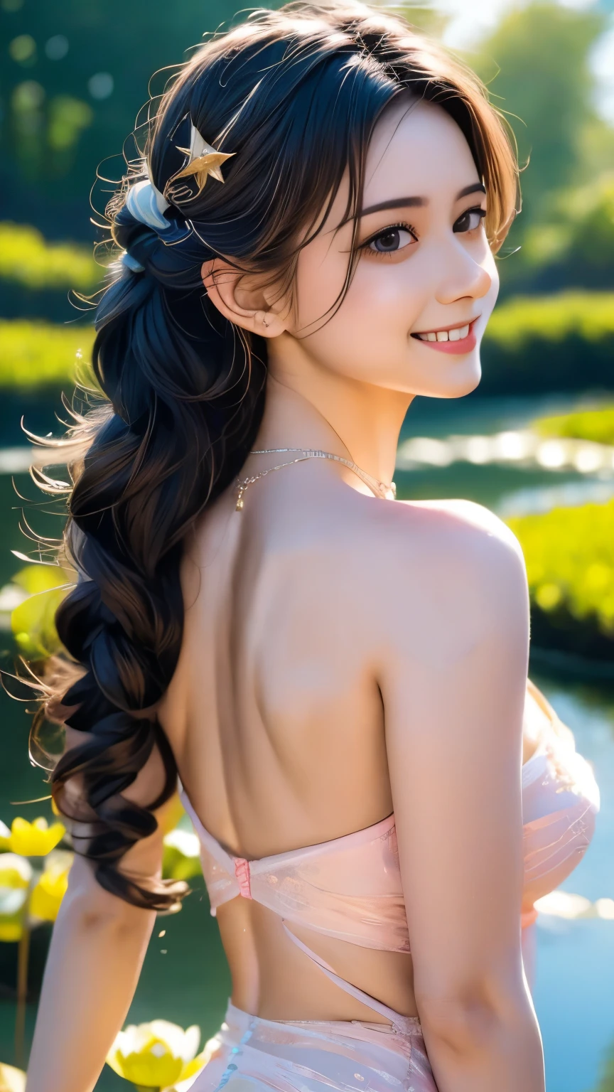 Superb Quality, Masterpiece, High Resolution, 1Girl, Blush, (Seductive Smile: 0.8), Star Pupil, , Hair Accessories, Necklace, Jewelry, Beauty, on_body, Tyndall Effect, Realism, Lotus Pond, Light Edge, Two-tone Lighting, (High Detail Skin: 1.2), 8K UHD, DSLR, Soft Light, High Quality, Volume Lighting, Candid Photo, High Resolution, 4K, 8K, Background Bokeh