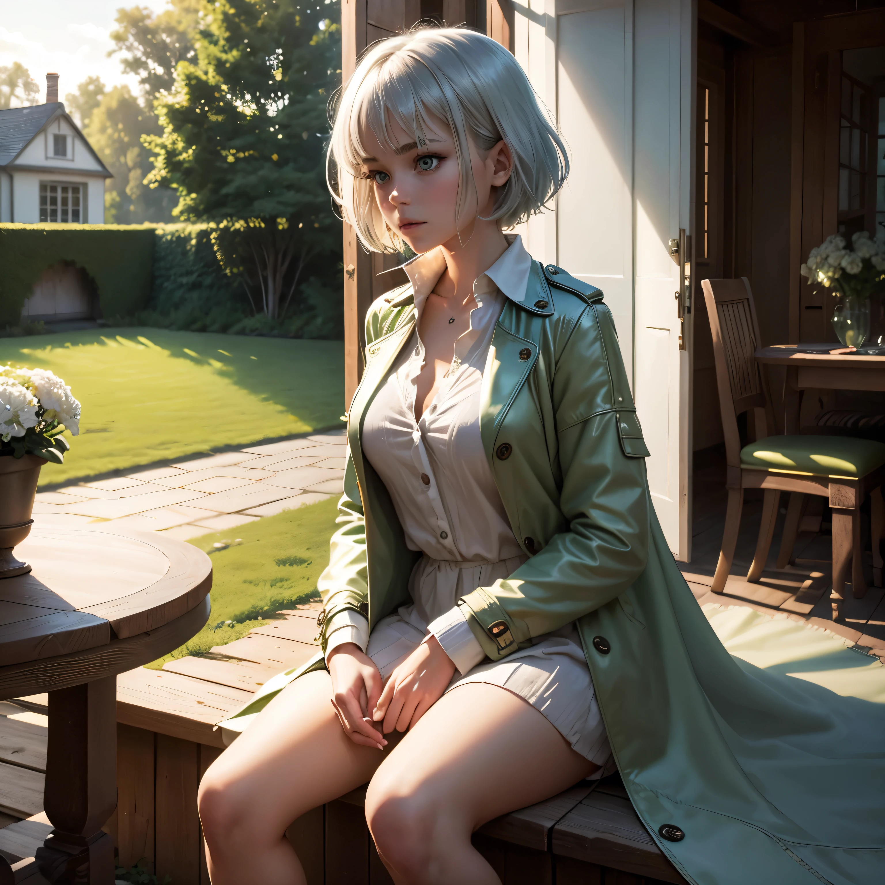 masterpiece, highest quality,Very detailed,Hyper Details, cinematic Light,, One girl, alone, sit, Outdoor, Summer House, sitting in the Summer House, plant, table, chandelier, Candles, Wind, Green Eyes, Pan Green Silver Hair, short hair, Floating Hair, Light, Light frown, profile,View your viewers, dynamic_angle,The see-through happi coat is unbuttoned,nude