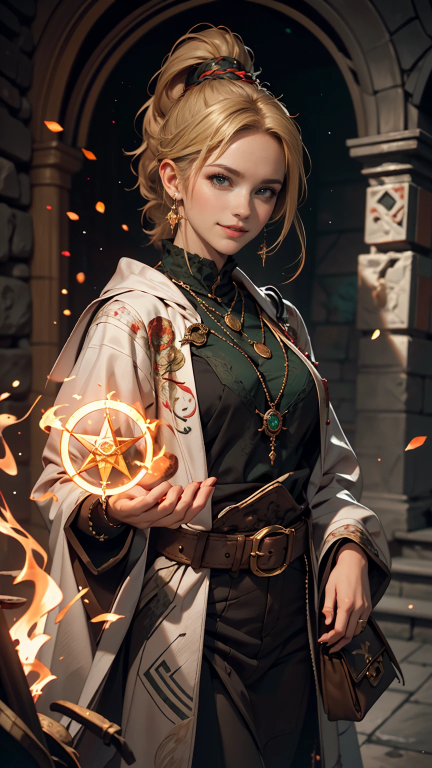 Colorful portrait illustration, (attractive female as a Wizard, ponytail, wear_length_Flowing_green_Complicated_Embroidered_Wizard_Robe), (necklace, Pouch, belt, smile, Very detailed face, masterpiece, highest quality), Very detailed, (In the dungeons), magician_Grams, (A large, glowing circle of runes), Fire and Ice, Casting a Spell, Ultra-high resolution, Alexandre Karame、Alyssa Monks、Shigeru Ban