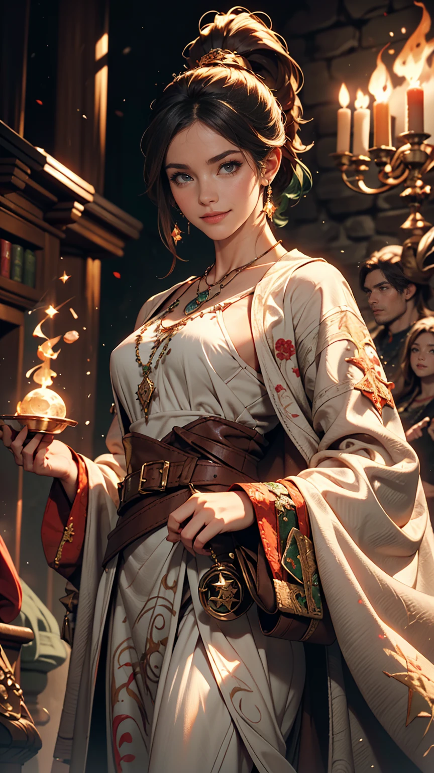Colorful portrait illustration, (attractive female as a Wizard, ponytail, wear_length_Flowing_green_Complicated_Embroidered_Wizard_Robe), (necklace, Pouch, belt, smile, Very detailed face, masterpiece, highest quality), Very detailed, (In the dungeons), magician_Grams, (A large, glowing circle of runes), Fire and Ice, Casting a Spell, Ultra-high resolution, Alexandre Karame、Alyssa Monks、Shigeru Ban