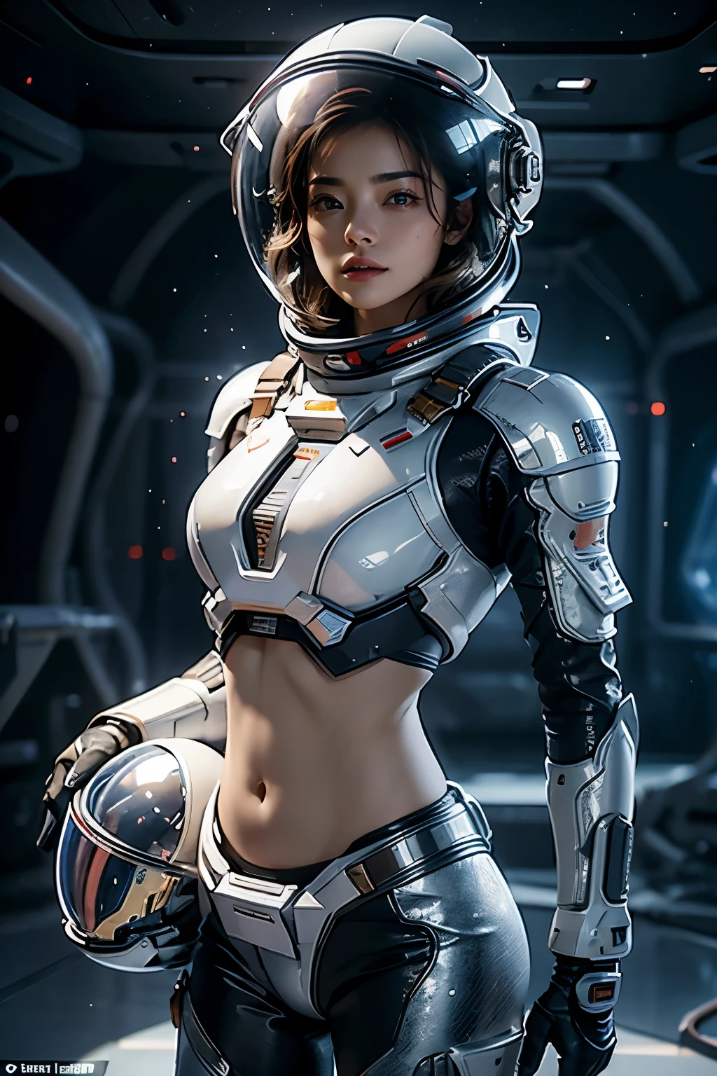 arafed woman wear spacesuit standing in front of space, A desolate ice planet in the background, ((Very detailed helmet)), outdoor, midriff spacesuit, Cropped tops, ((Bare belly)), The abdomen is open, Stomach, beautiful girl, Ultra-high resolution (Reality: 1.4), cosmetic, Sky Stay, Ultra Detailed, Stunning beauty, Dynamic poses, Exquisite face, Vibrant eyes, High Detailed Skin, Realistic skin details, Visible pores, Clear focus, Volumetric Fog, 8K Ultra HD, DSLR camera, Real skin, Photorealism, photography, space_helmet, Sky, realism, Movie Lighting, Ray Tracing, High Detail, Anatomically correct, textured skin, The award-winning, best quality, 8k, high quality