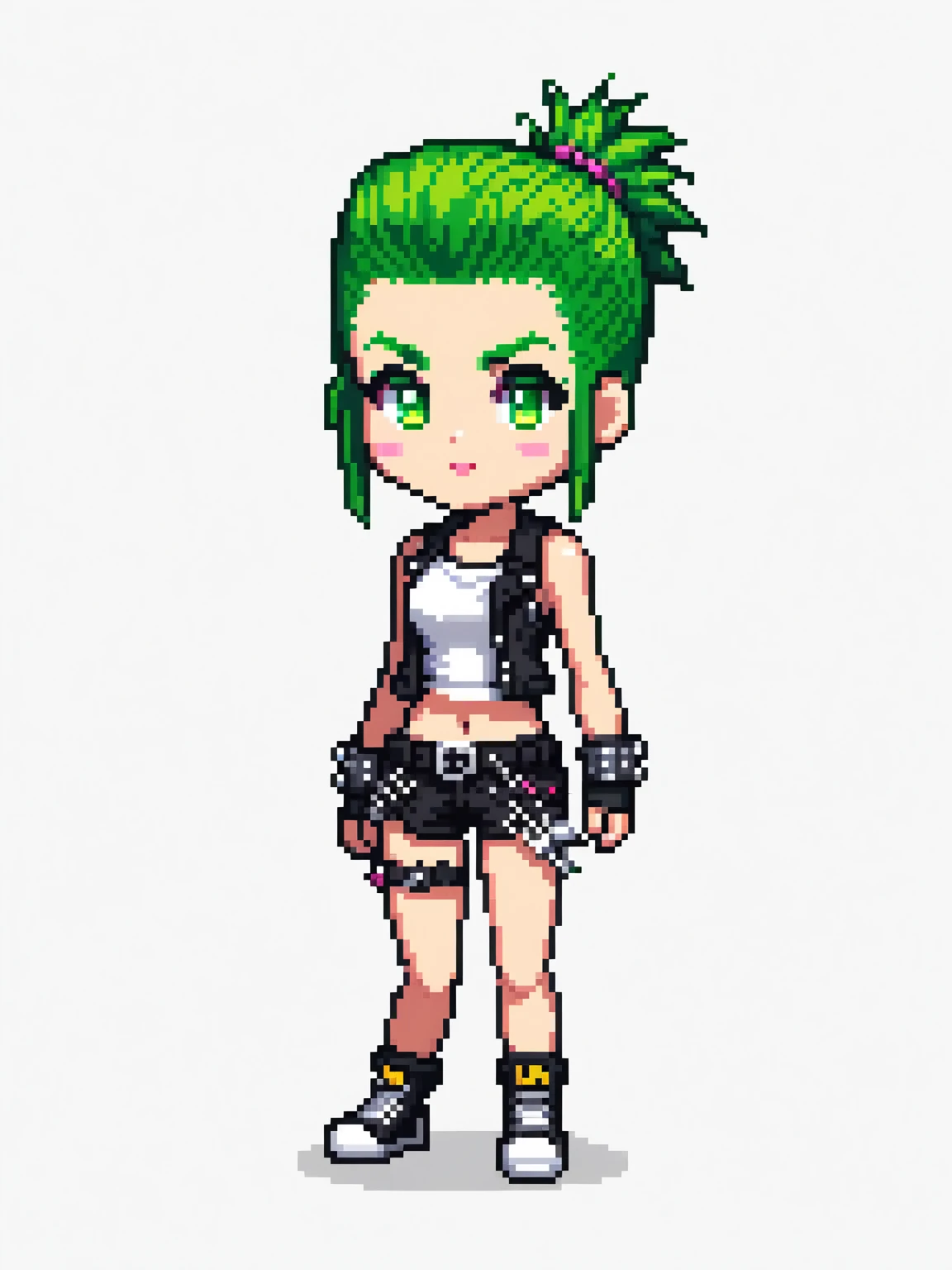 pixel art, punk girl, character de jogo adulto, color white, roupa white, simple white background, game icon, 64 bit style