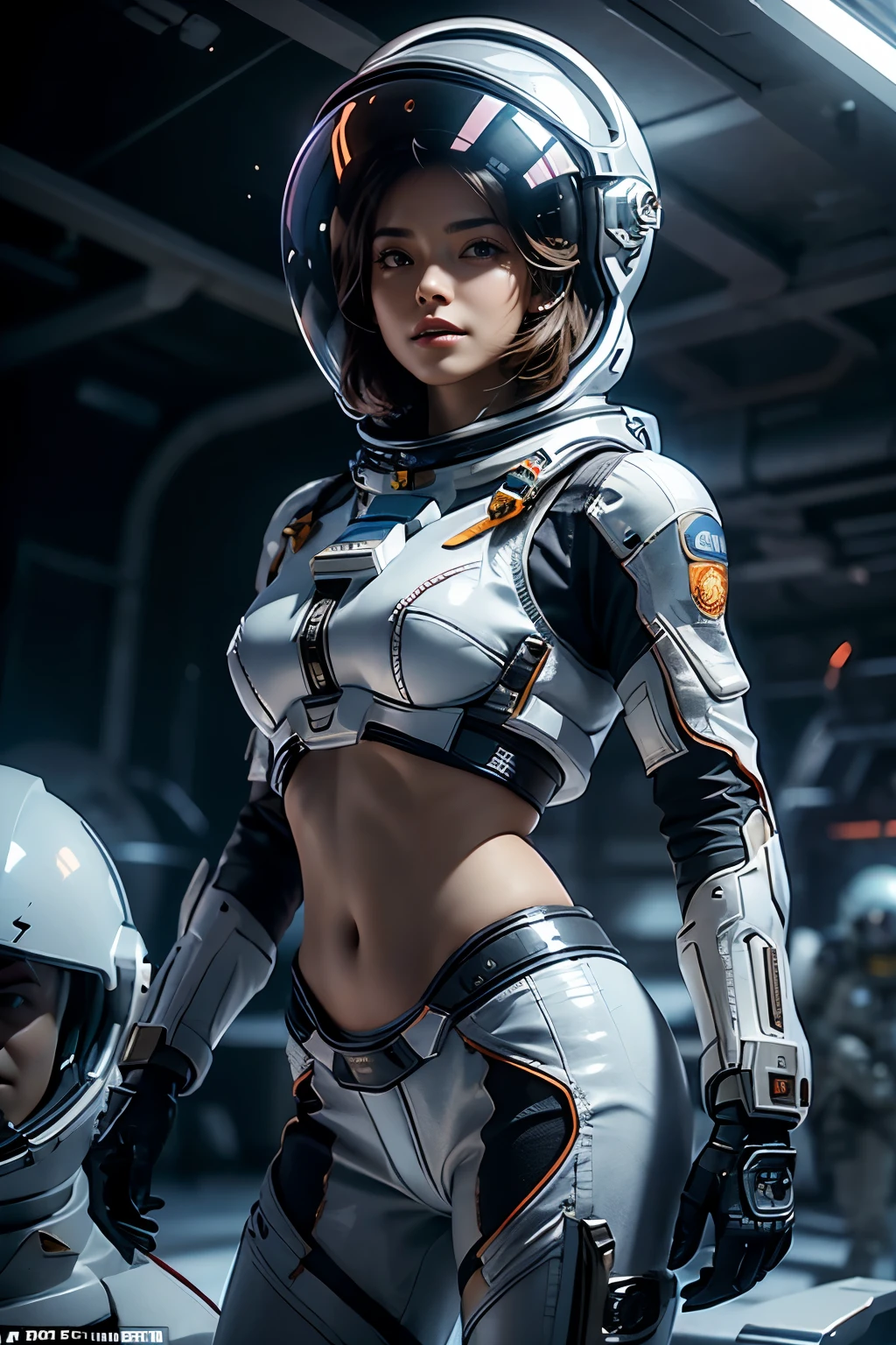 arafed woman wear spacesuit standing in front of space, A desolate ice planet in the background, ((Very detailed helmet)), outdoor, midriff spacesuit, Cropped tops, ((Bare belly)), The abdomen is open, Stomach, beautiful girl, Ultra-high resolution (Reality: 1.4), cosmetic, Sky Stay, Ultra Detailed, Stunning beauty, Dynamic poses, Exquisite face, Vibrant eyes, High Detailed Skin, Realistic skin details, Visible pores, Clear focus, Volumetric Fog, 8K Ultra HD, DSLR camera, Real skin, Photorealism, photography, space_helmet, Sky, realism, Movie Lighting, Ray Tracing, High Detail, Anatomically correct, textured skin, The award-winning, best quality, 8k, high quality