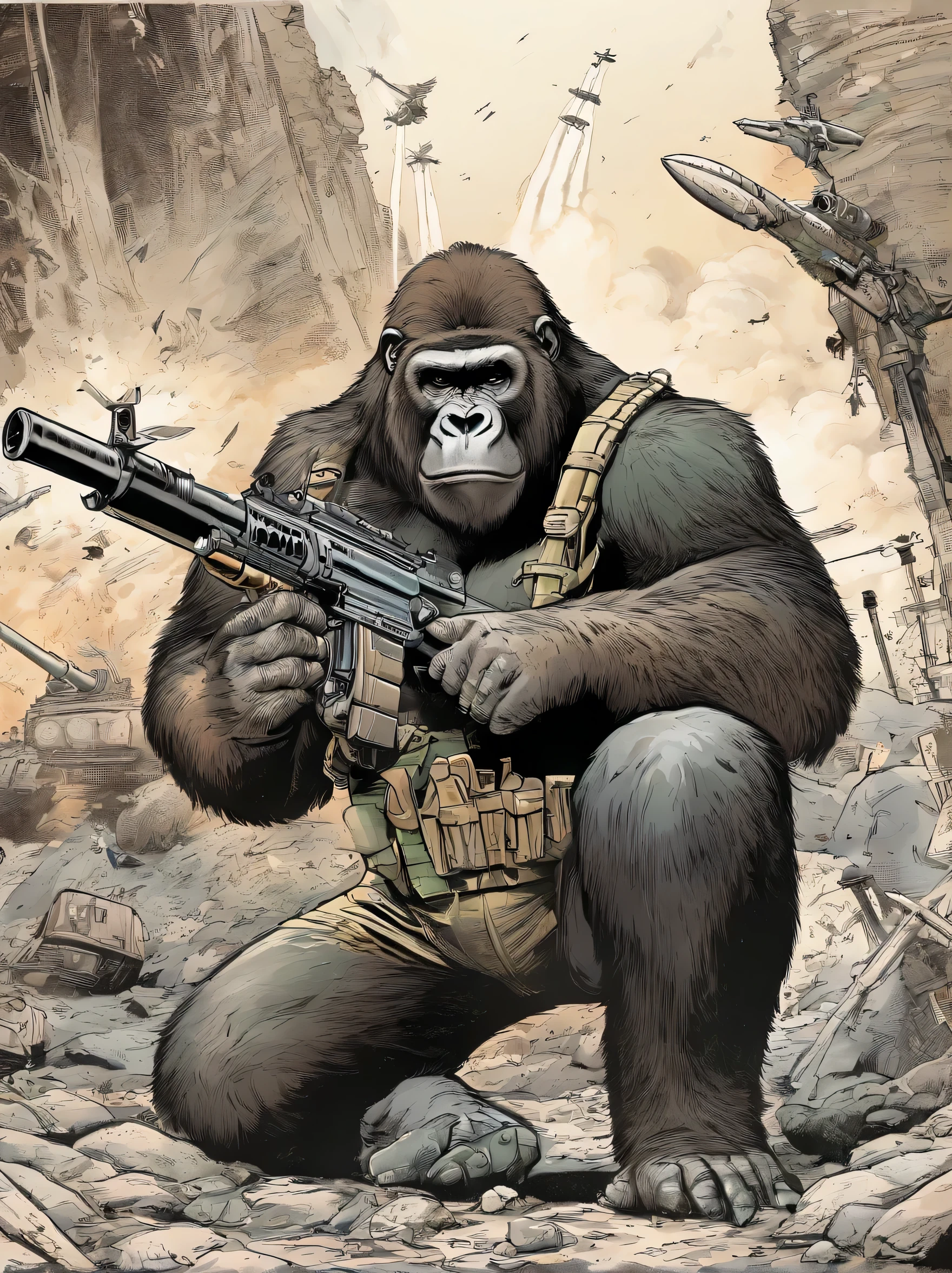 gorilla kneeling down, holding a rocket launcher, bazooka, ww 2 historical photography, military photography, with anti aircraft guns, war photography