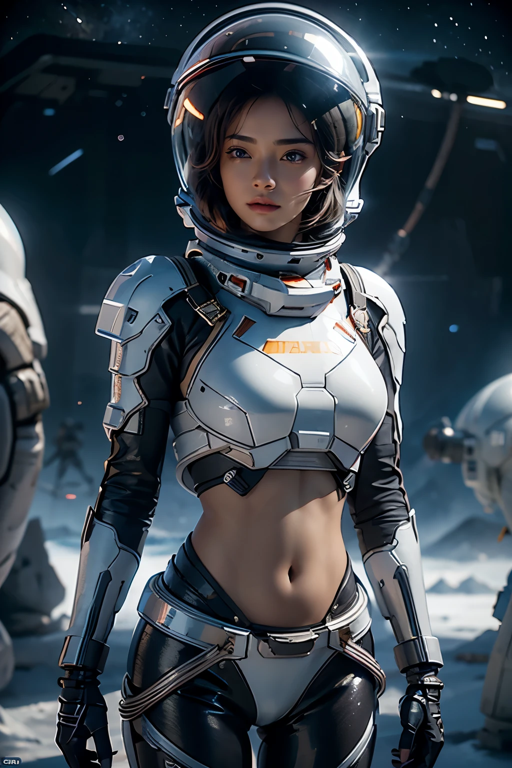 arafed woman wear spacesuit standing in front of space, A desolate ice planet in the background, ((Very detailed helmet)), outdoor, midriff spacesuit, Cropped tops, ((Bare belly)), The abdomen is open, Stomach, beautiful girl, Ultra-high resolution (Reality: 1.4), cosmetic, Sky Stay, Ultra Detailed, Stunning beauty, Dynamic poses, Exquisite face, Vibrant eyes, High Detailed Skin, Realistic skin details, Visible pores, Clear focus, Volumetric Fog, 8K Ultra HD, DSLR camera, Real skin, Photorealism, photography, space_helmet, Sky, realism, Movie Lighting, Ray Tracing, High Detail, Anatomically correct, textured skin, The award-winning, best quality, 8k, high quality