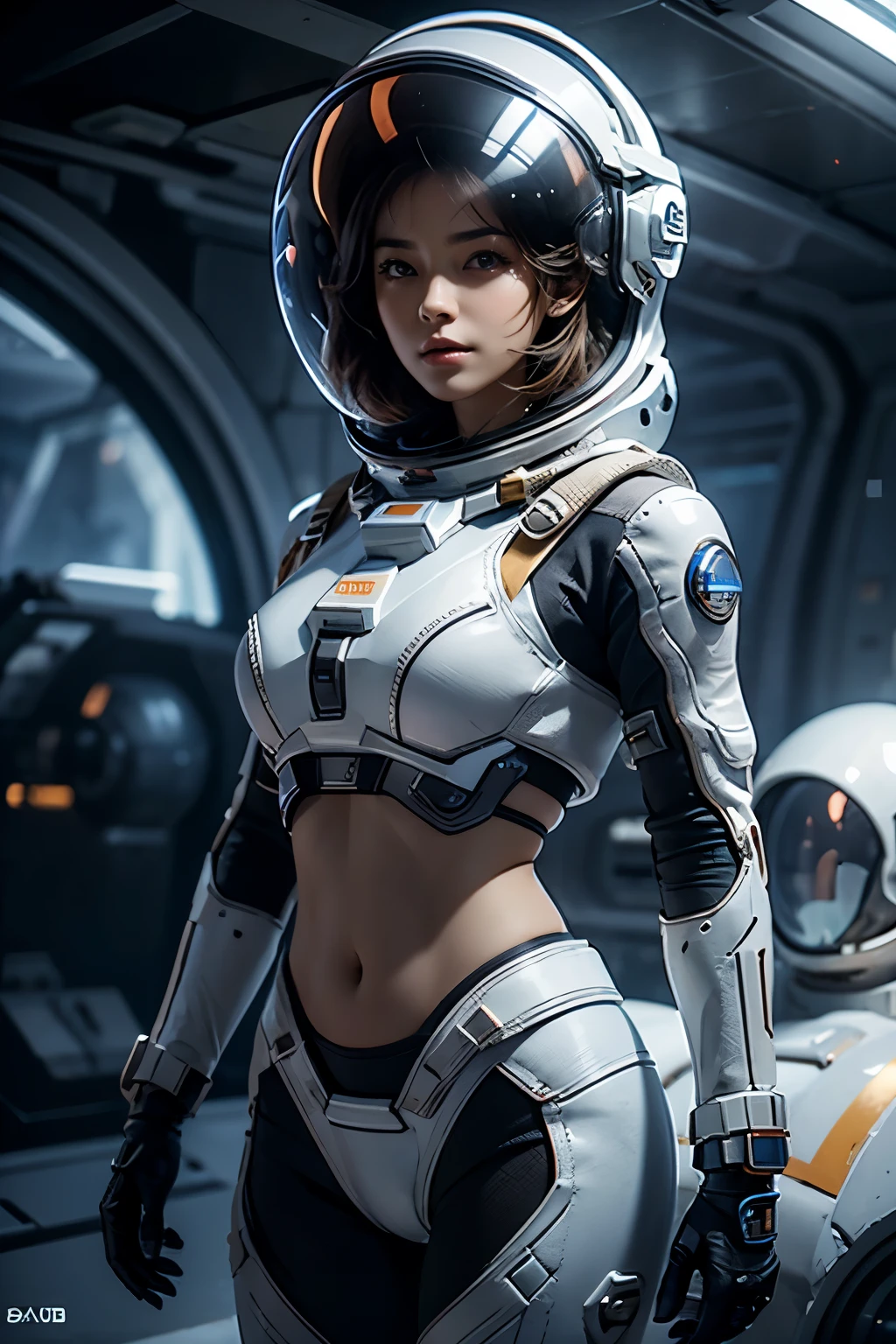 arafed woman wear spacesuit standing in front of space, A desolate ice planet in the background, ((Very detailed helmet)), outdoor, midriff spacesuit, Cropped tops, ((Bare belly)), The abdomen is open, Stomach, beautiful girl, Ultra-high resolution (Reality: 1.4), cosmetic, Sky Stay, Ultra Detailed, Stunning beauty, Dynamic poses, Exquisite face, Vibrant eyes, High Detailed Skin, Realistic skin details, Visible pores, Clear focus, Volumetric Fog, 8K Ultra HD, DSLR camera, Real skin, Photorealism, photography, space_helmet, Sky, realism, Movie Lighting, Ray Tracing, High Detail, Anatomically correct, textured skin, The award-winning, best quality, 8k, high quality