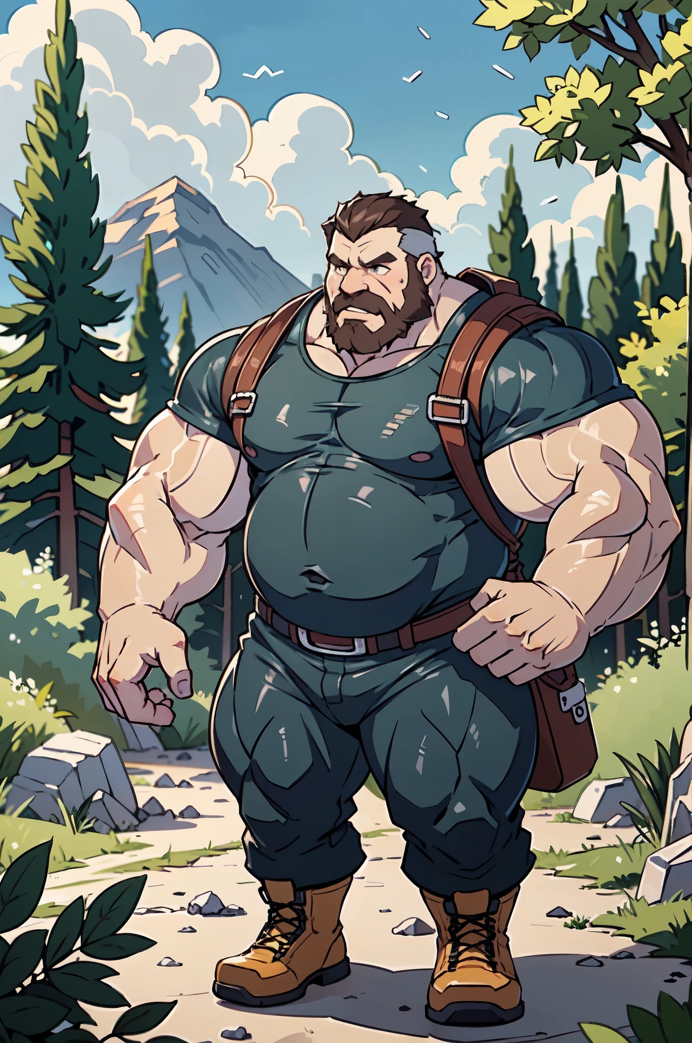 A muscular, old man, with a long white beard, is hiking in the mountains. The landscape features rocky terrain and a steep trail. The man is carrying a heavy backpack and his strong arms demonstrate his physical strength. He wears leather boots and is visibly exhausted and sweaty from the demanding hike. In the distance, there are majestic peaks that create a sense of awe and wonder. The wind is gusty, rustling the leaves of the tall trees, while a cool breeze provides relief from the physical exertion. Despite the challenging conditions, the man shows determination as he continues his adventure. The lighting is serene and peaceful, adding to the calm and tranquil atmosphere of the scene. The overall image quality is of the highest standard, with a resolution of 4k or 8k, capturing every detail with precision and realism. The prompt aims to generate an ultra-detailed, photorealistic artwork that showcases the beauty and grandeur of nature while highlighting the resilience and determination of the old man.