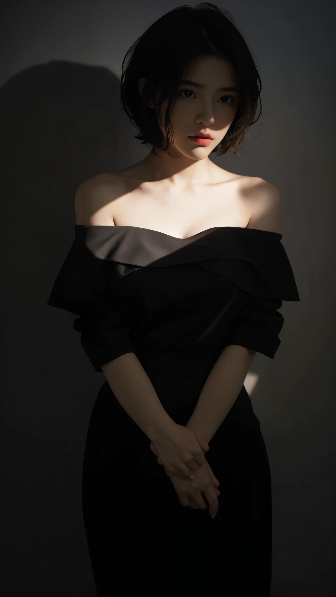 best quality, masterpiece, Ultra-high resolution, (Reality:1.5), original photo, 1 Girl, Off-shoulder, in the darkness, Deep Shadow, Low profile, Cold Light, ???? look, short hair