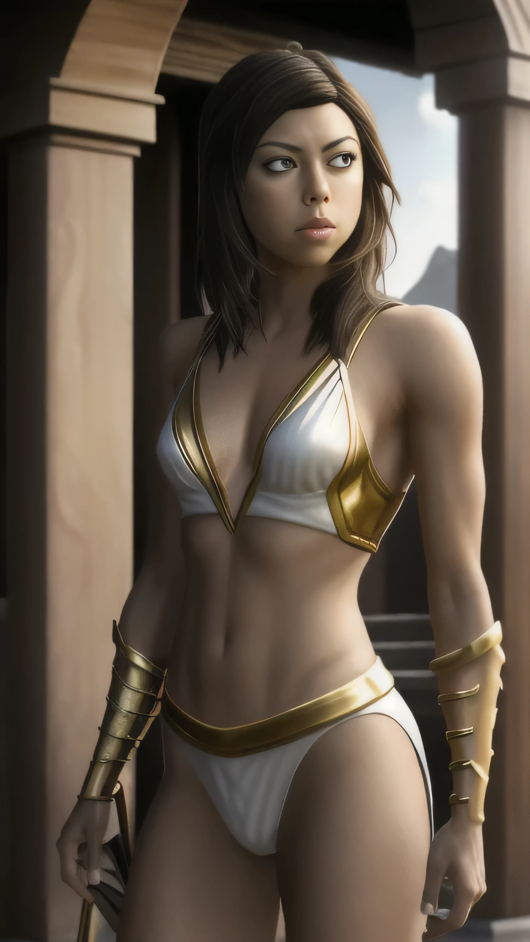 (Aubrey Plaza) as Ashrah from Mortal Kombat, brown eyes, brown hair, white robes, gold trim, white underwear, mystical body tattoos, mystical symbols, outside, temple, morning, lake, 1woman, solo, full body view, front view, looking at viewer, intricate, high detail, sharp focus, dramatic, photorealistic painting art by greg rutkowski